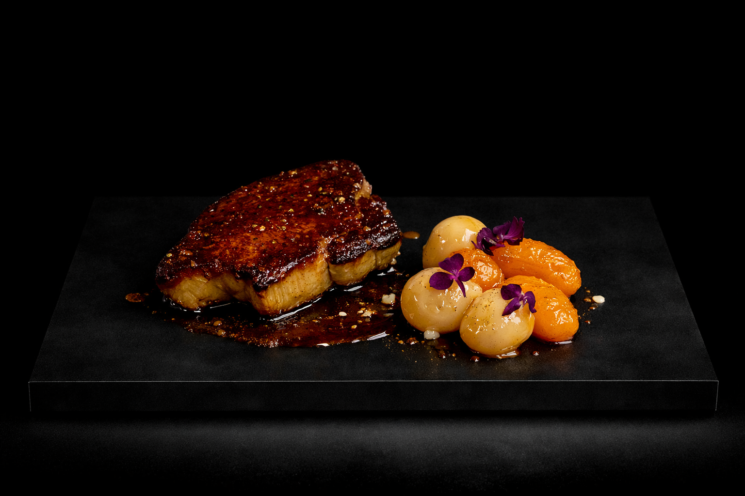 Filet de poisson grillé avec sauce, accompagné de petites pommes de terre et de carottes, décoré de fleurs violettes, présenté sur une plateforme noire.