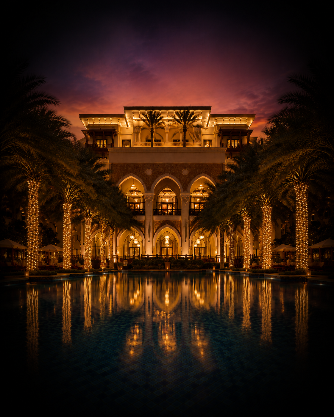 Un bâtiment luxueux avec de grandes arches, des palmiers décorés de lumières, un bassin reflecteur et un ciel crépusculaire.