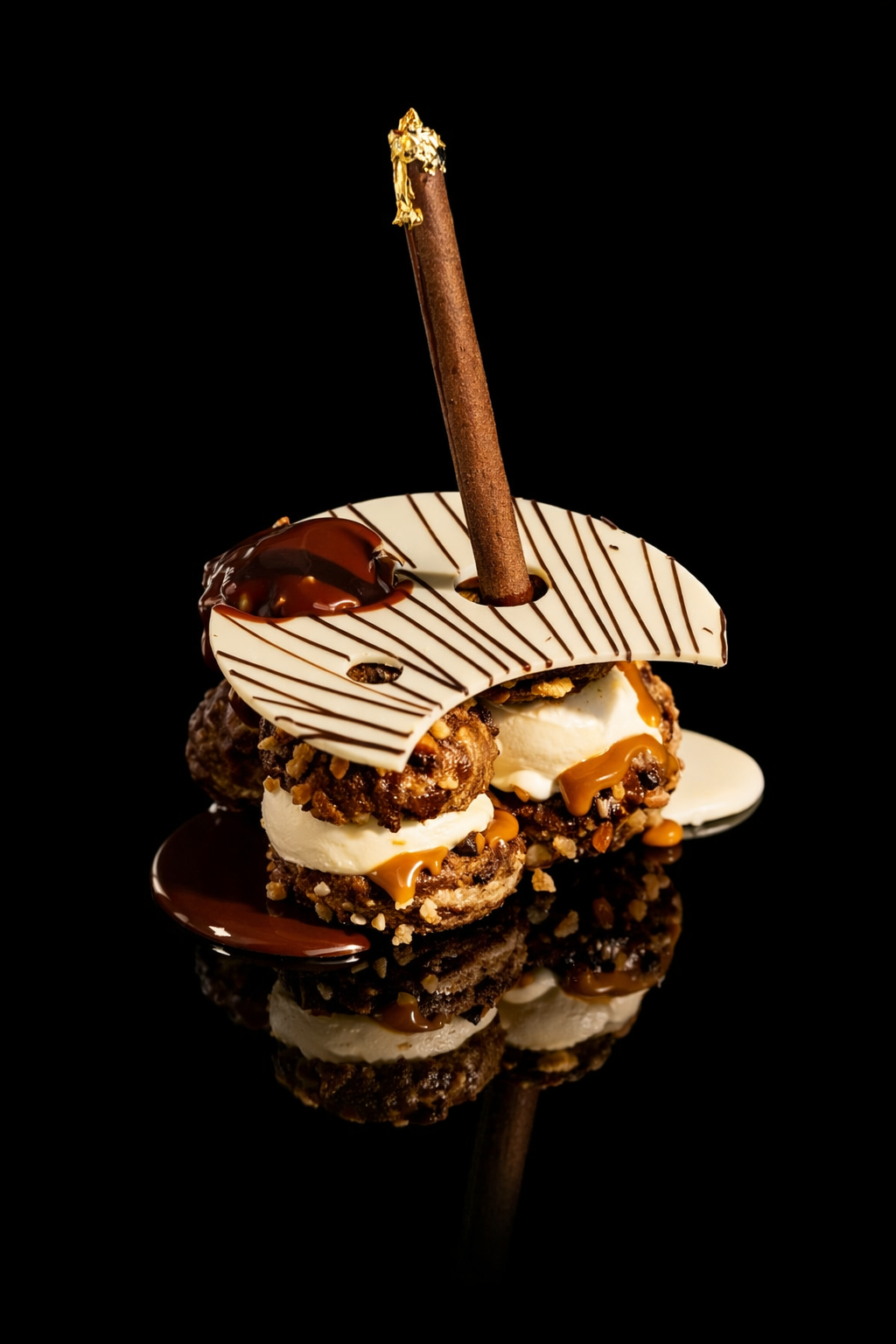 Un dessert sophistiqué avec des biscuits, de la crème, du caramel, un biscuit en forme de demi-lune en chocolat blanc avec des lignes de chocolat foncé, une boule de glace, une cerise en chocolat, et un bâton de cacao orné de filets d'or, sur un fond noir reflective.