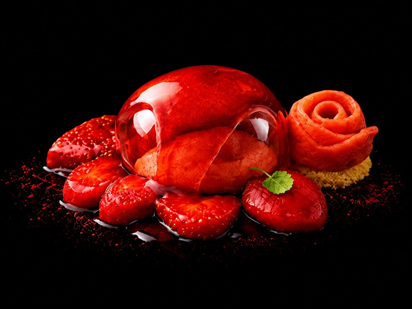 Dessert à base de fraises, glace, et une sculpture de rose en biscuit, décoré de sirop rouge et de poudre rouge sur une surface noire.