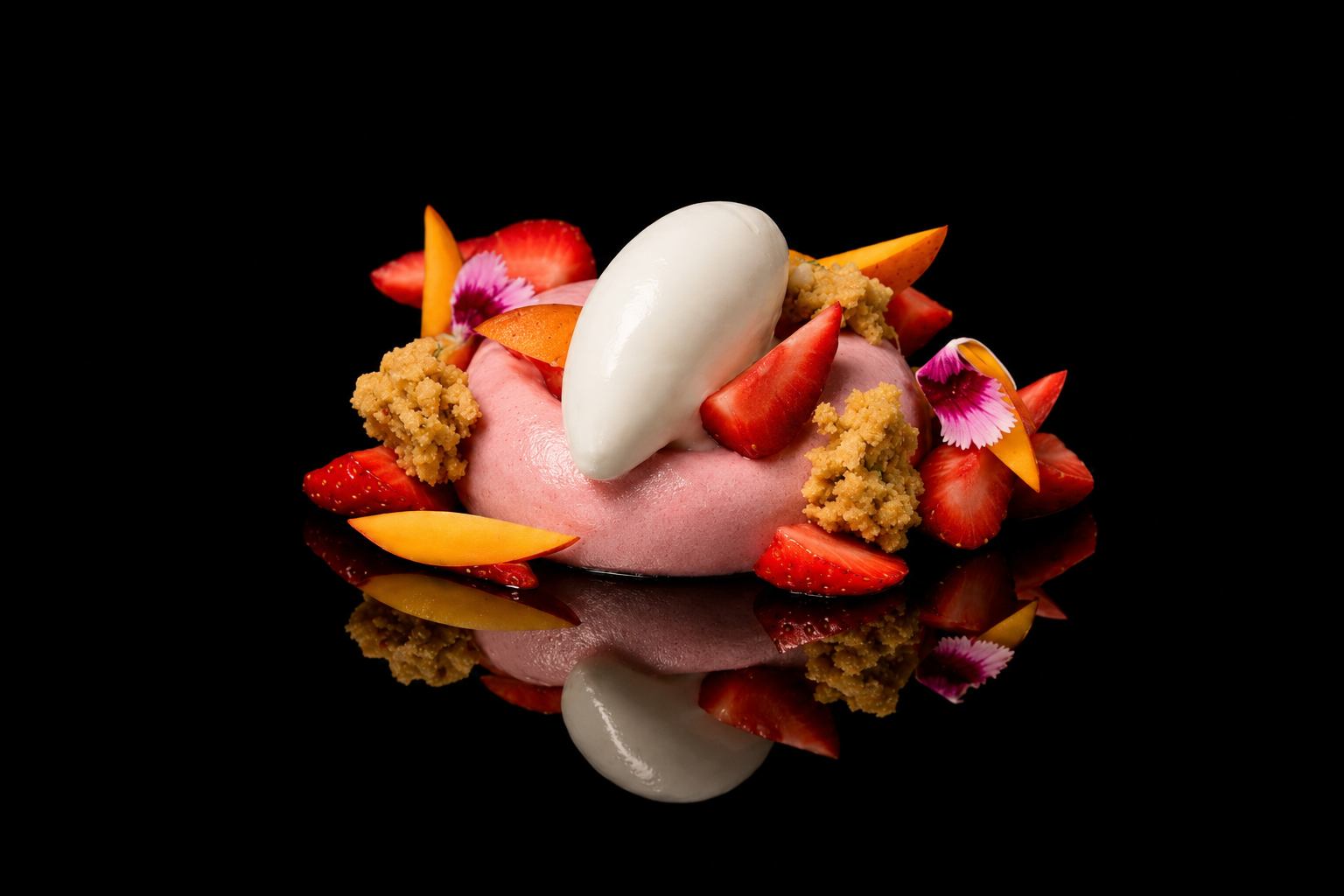 Dessert élégant avec une mousse rose, garniture de fraises, morceaux de mangue, crumble et fleurs comestibles, sur un fond noir réfléchissant.