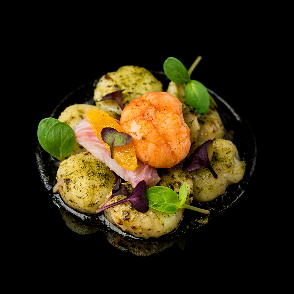 Assortiment de gnocchis de pomme de terre garnis de caviar, saumon fumé, et microgreens, présenté sur une assiette noire