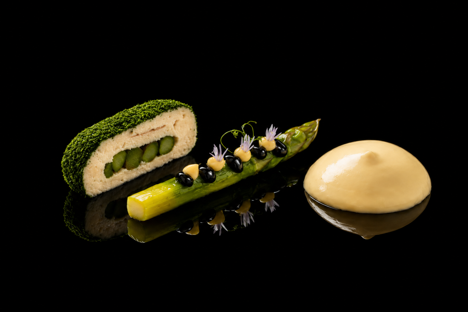 Assiette de cuisine moderne avec un rouleau vert, une asperge décorée de garnitures et fleurs, et une mousse blanche sur fond noir.