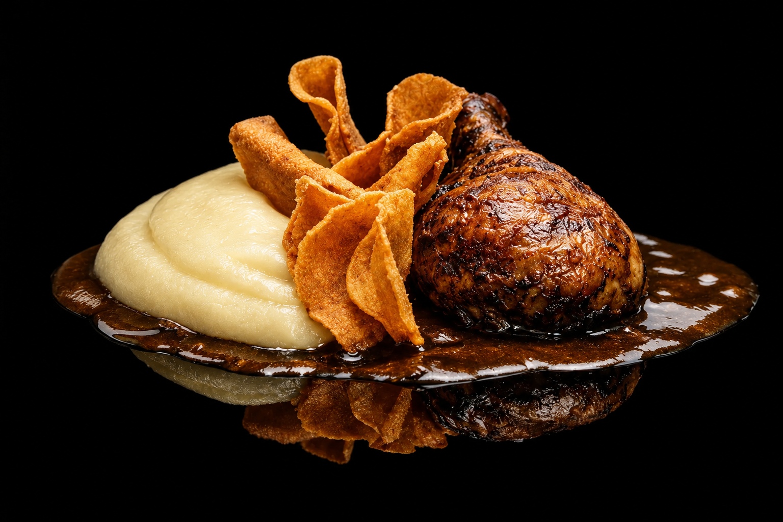 Plat de viande, purée de pommes de terre, chips de pommes de terre et sauce brune, présenté sur un fond noir.