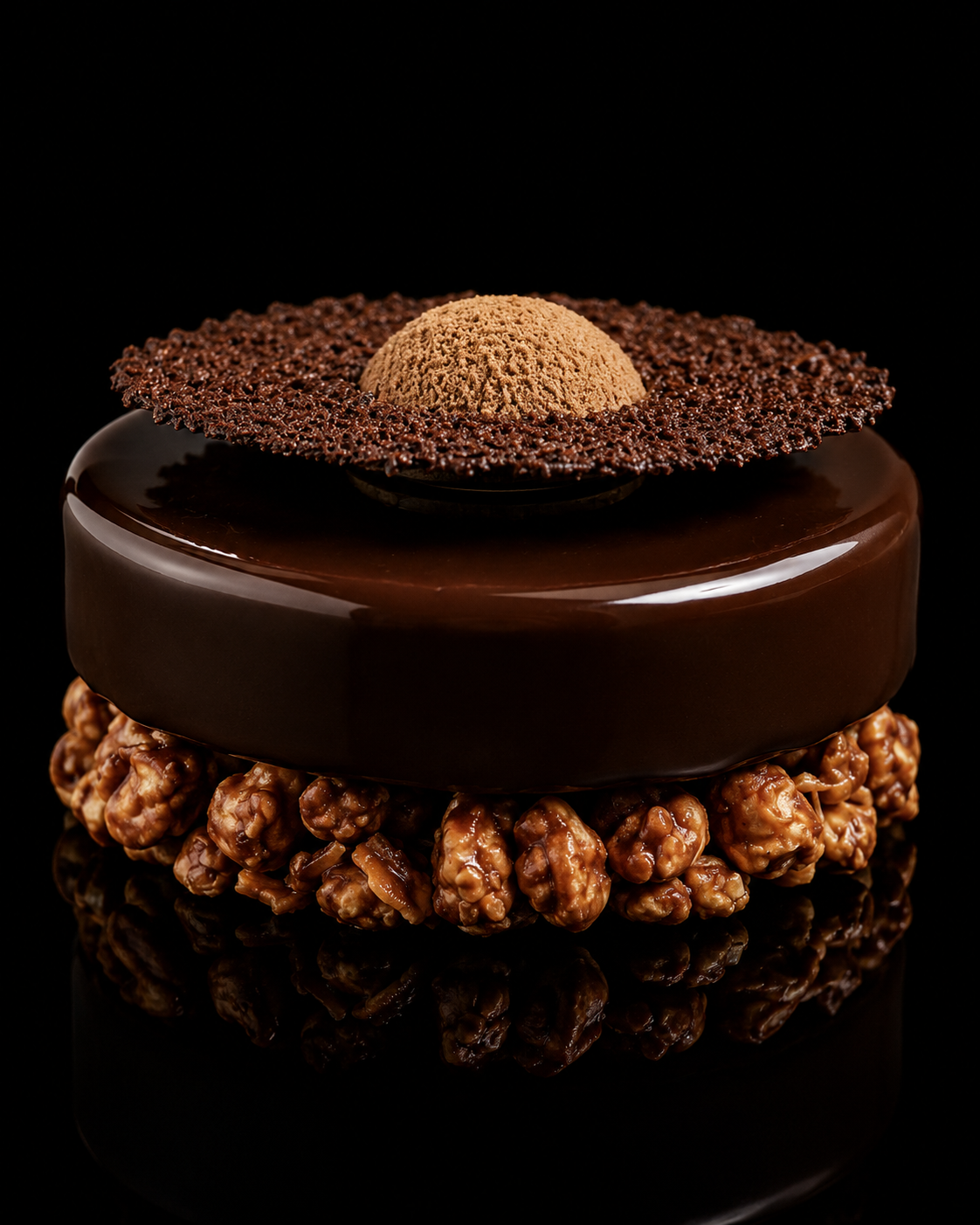 Gâteau au chocolat décoré avec un disque de chocolat, une tartelette à la crème, et une base de caramel croustillant, photo en gros plan sur fond noir.