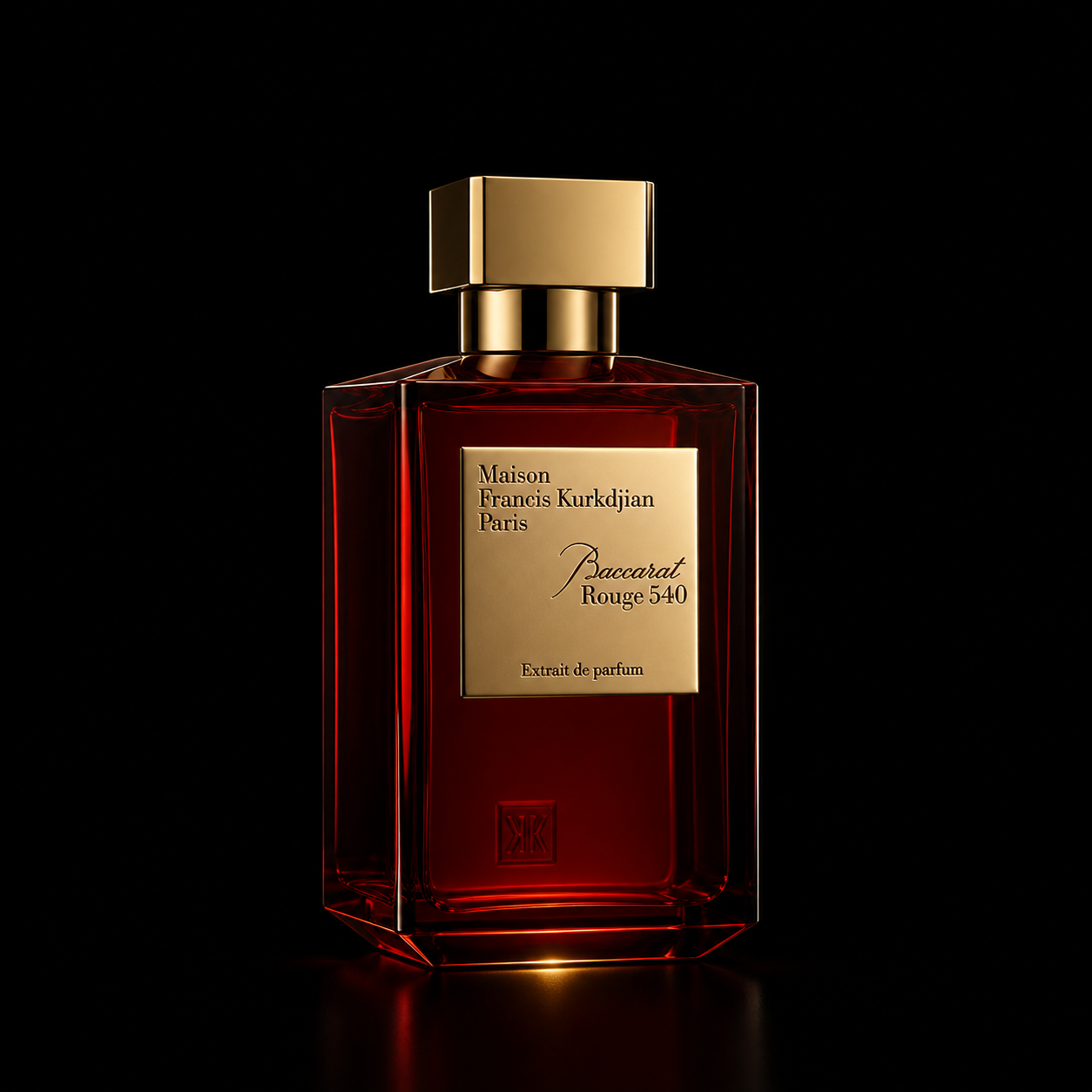 Flacon de parfum rouge foncé avec un bouchon doré et une étiquette dorée indiquant 'Maison Francis Kurkdjian Paris Baccarat Rouge 540 Extraite de parfum', placé sur un fond noir.