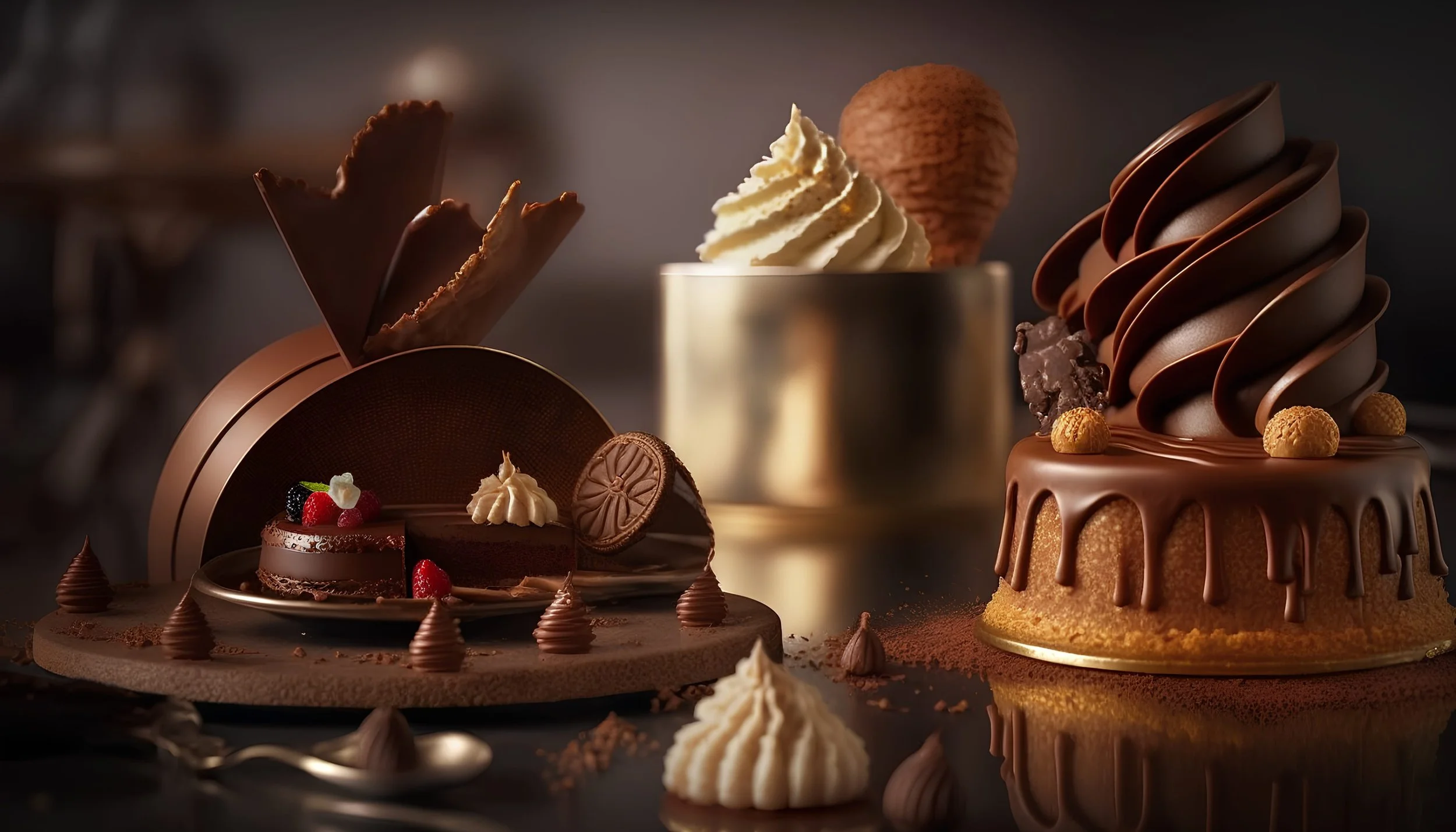 Gâteaux au chocolat décorés avec des fruits, des biscuits et de la crème, présentés sur une surface sombre.