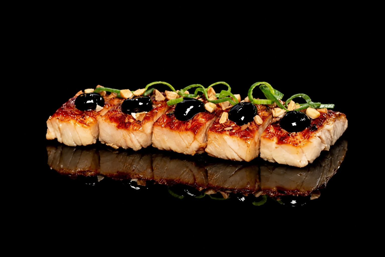 Filet de poisson grillé avec des garnitures de ciboulette, d'olives noires et de noix hachées, présenté sur une surface noire.