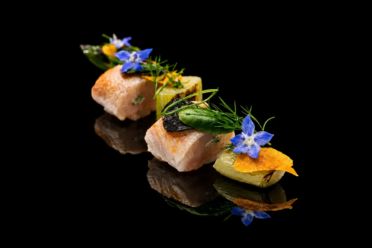 Assiette gourmande avec morceaux de poisson, légumes, fleurs violettes et herbes sur fond noir.