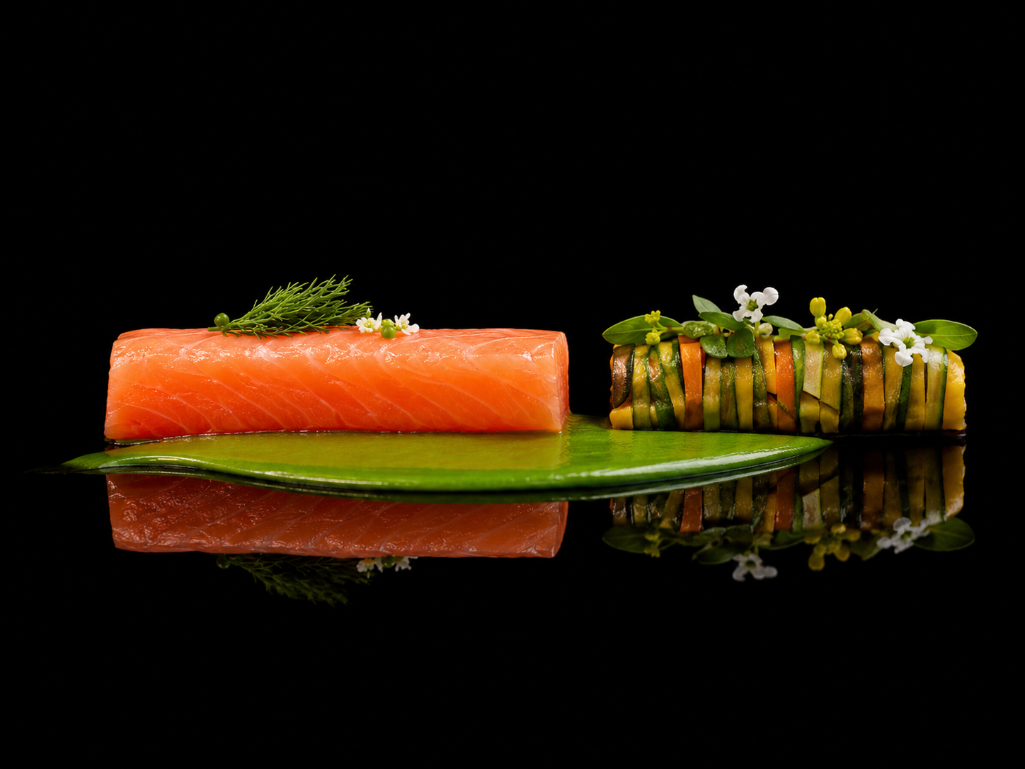 Deux petits rouleaux de sashimi de saumon, décorés de fines herbes et fleurs comestibles, sur une grande feuille verte, avec une vue réfléchie sur un fond noir.