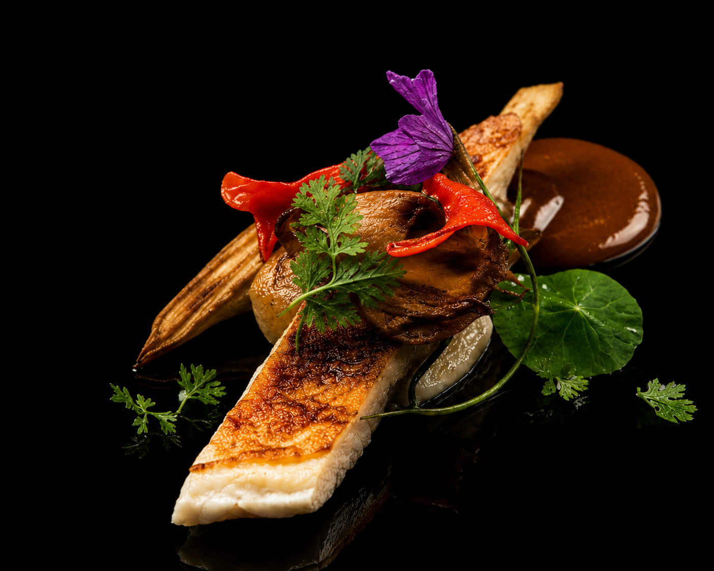 Assiette de poisson grillé garnie de légumes, herbes et fleurs comestibles sur fond noir.