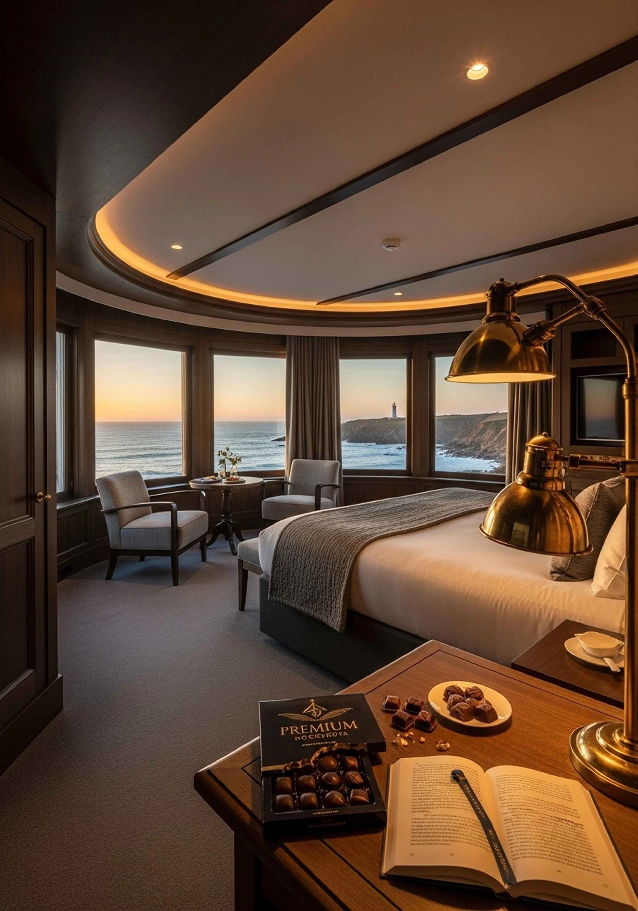 Une chambre d'hôtel élégante avec vue sur l'océan au coucher du soleil, un lit fait, une table avec des chocolats et un livre ouvert, deux fauteuils près des fenêtres et un lampadaire en laiton.
