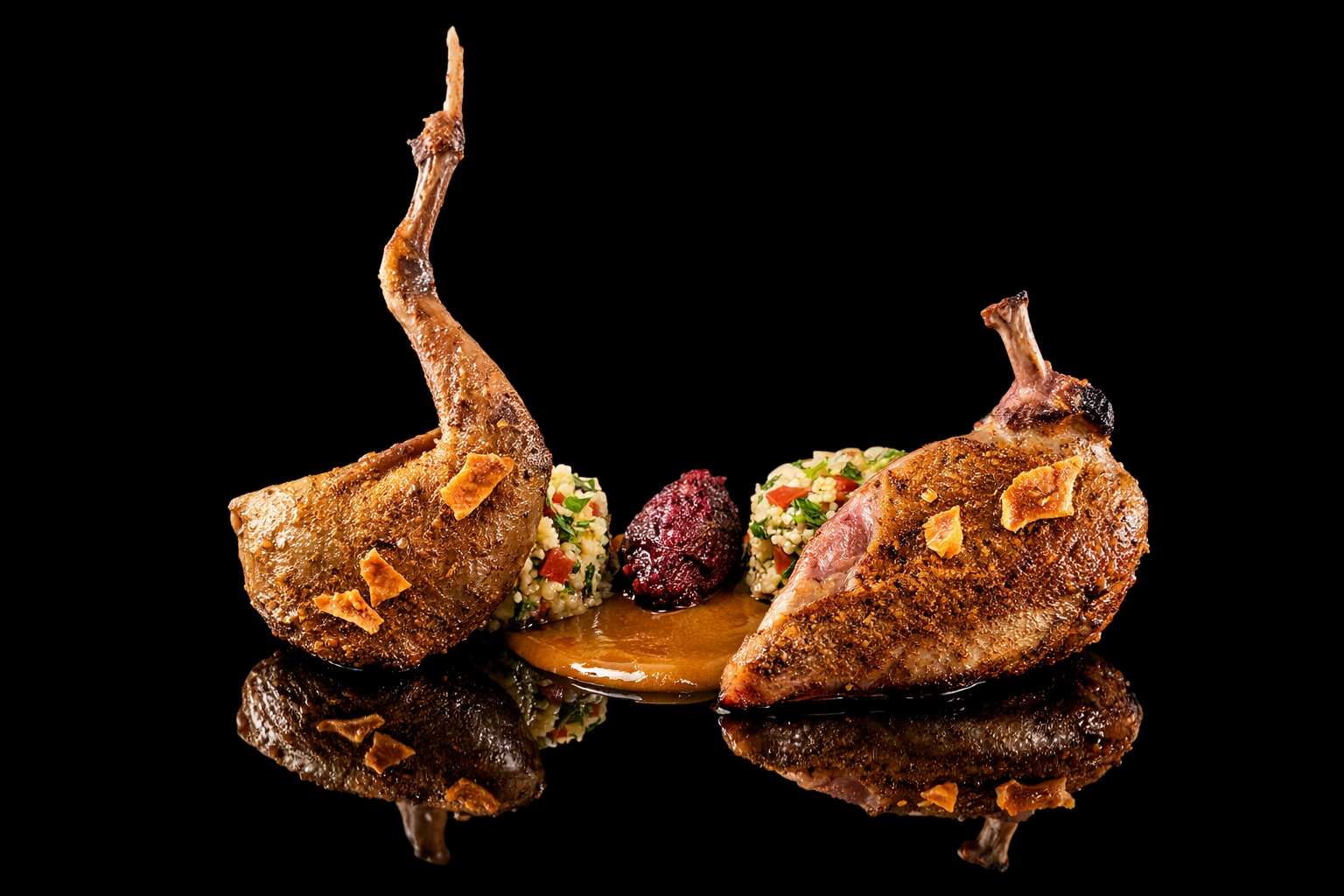 Deux cuisses de pigeon assaisonnées, accompagnées de deux quenelles de légumes finement hachés, une purée de fruits rouges et une sauce au centre, sur une surface noire reflective