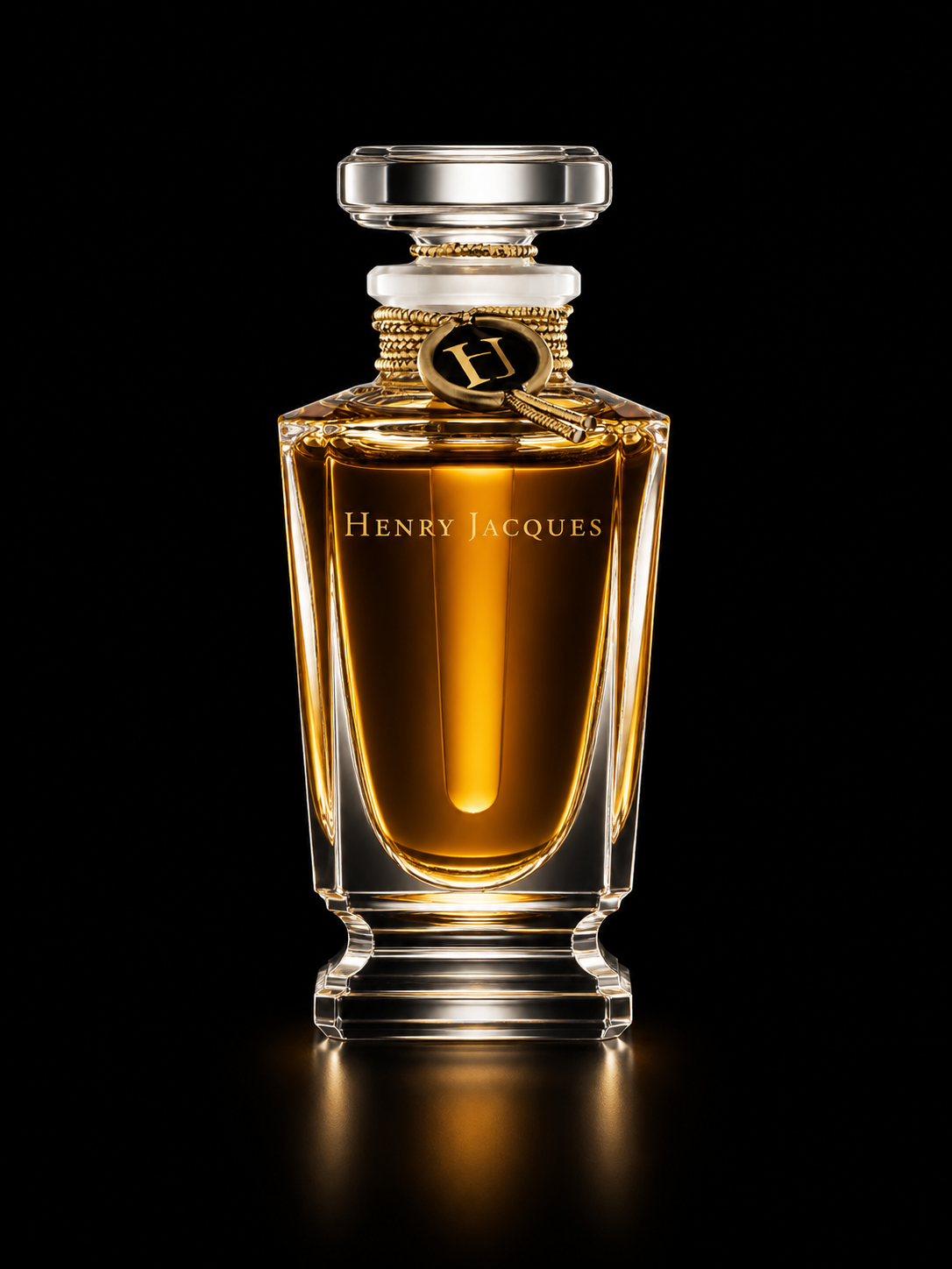 Une bouteille de parfum Henry Jacques avec un design en verre clair, rempli de liquide ambré, avec un bouchon en verre transparent et un collier orné d'une médaille avec la lettre 'H' suspendue autour du col.