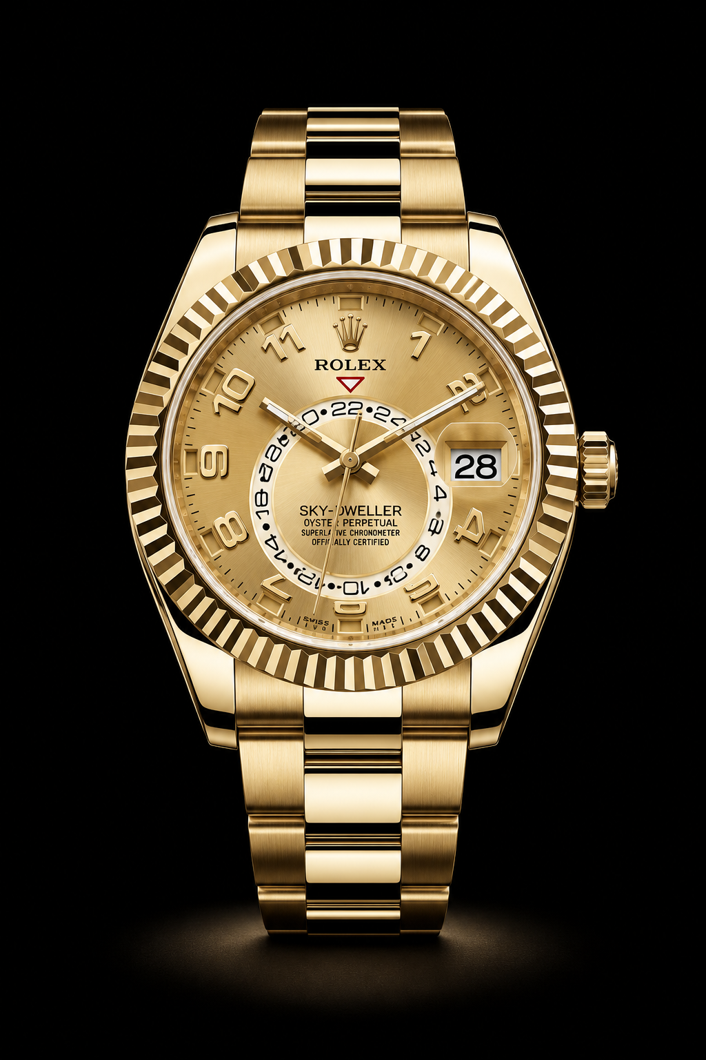 Montre en or Rolex Sky-Dweller avec cadran doré, affichage de la date, et bracelet en or, contre un fond noir
