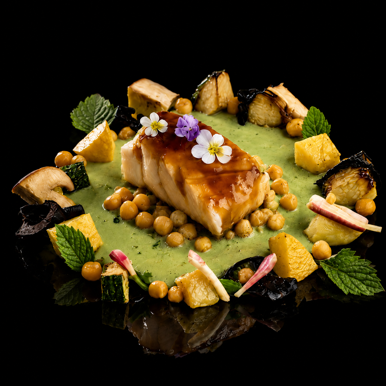 Plat gastronomique avec un morceau de poisson sauce caramel, présentée avec divers légumes, graines, feuilles de menthe, fleurs comestibles et purée verte, sur un fond noir.