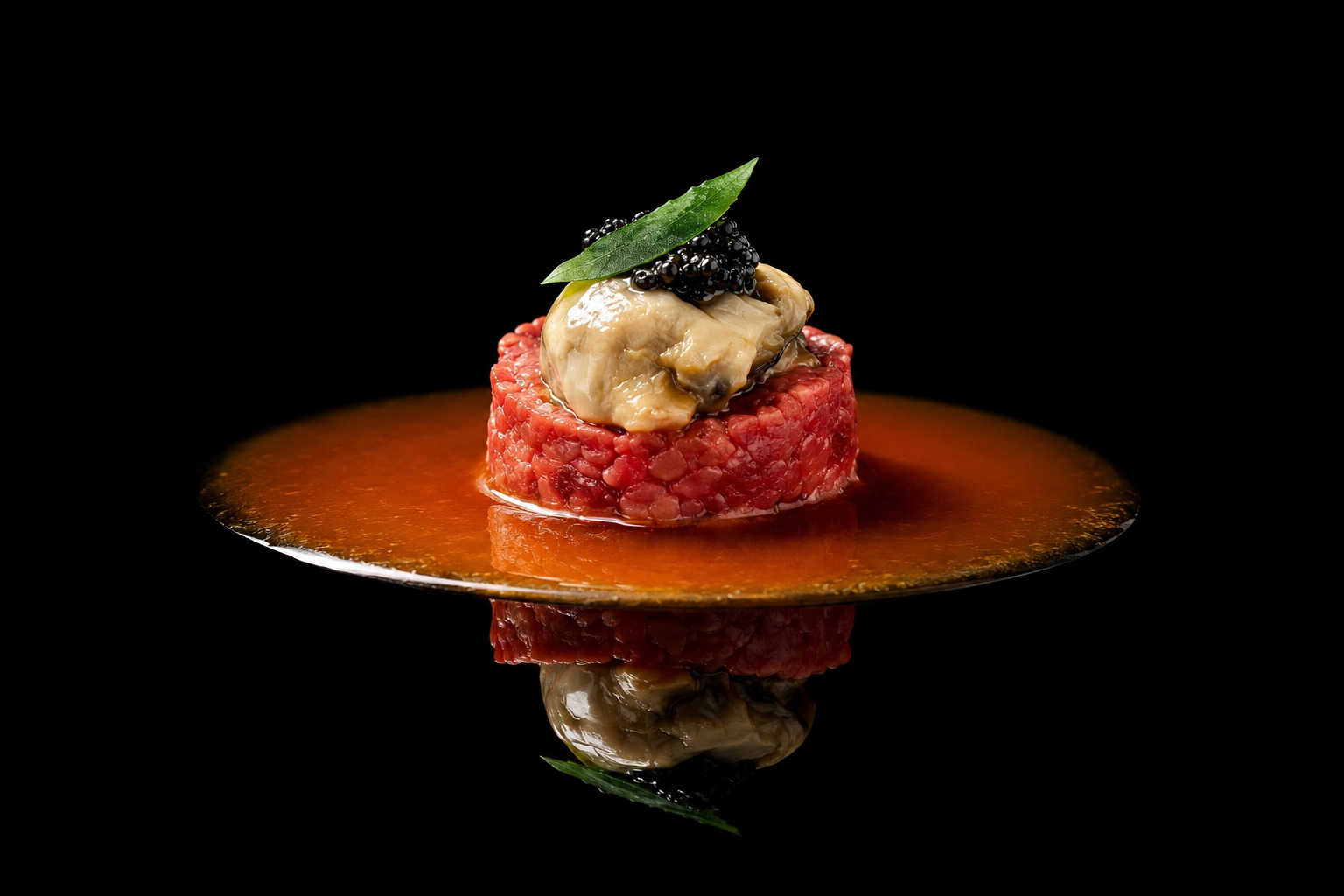 Une fine tranche de steak tartare garnie d'une cuillère de foie gras, de caviar noir, et une feuille de basilic, avec une sauce légèrement agrémentée
