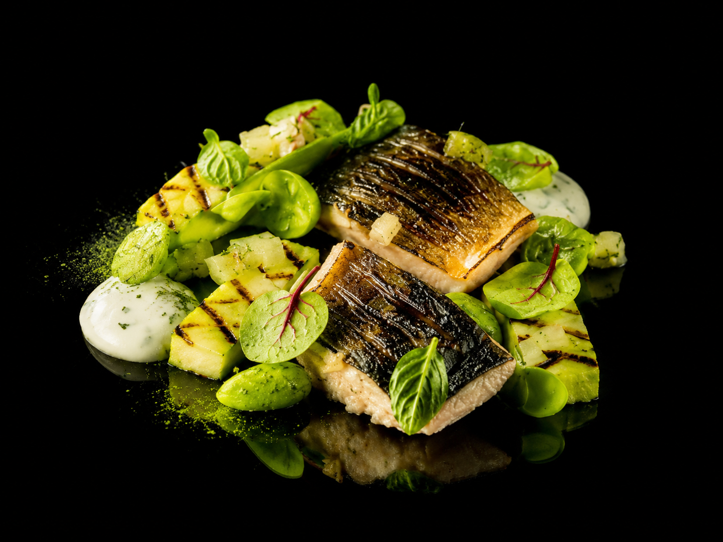 Filet de poisson grillé avec accompagnement de légumes verts, petite sauce blanche, et herbes décoratives, présenté sur une surface noire.
