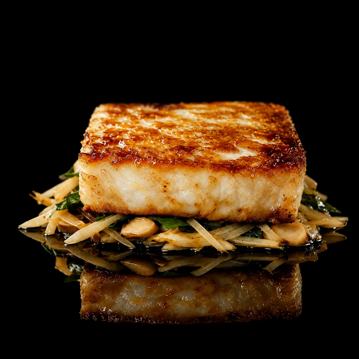 Filet de poisson grillé sur un lit de légumes sautés, avec réflexion sur fond noir.