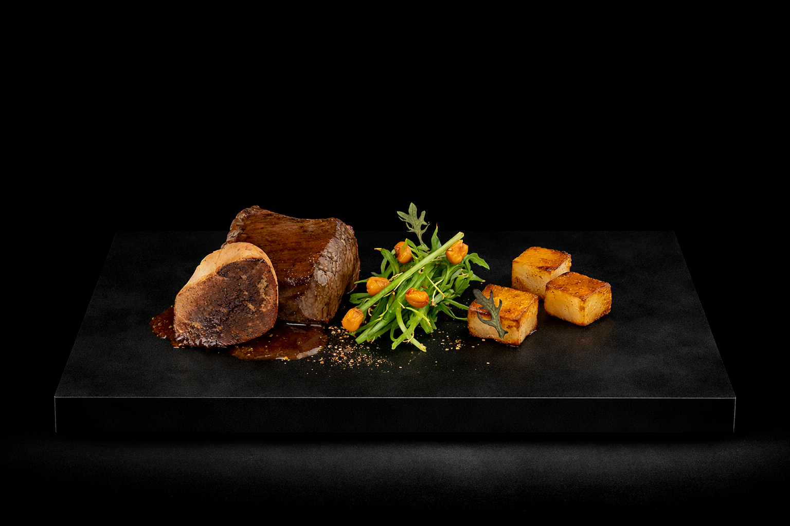 Assiette de viande mijotée avec une sauce, accompagnée de petits cubes de pommes de terre croustillantes et d'une salade verte garnie de fleurs orange.