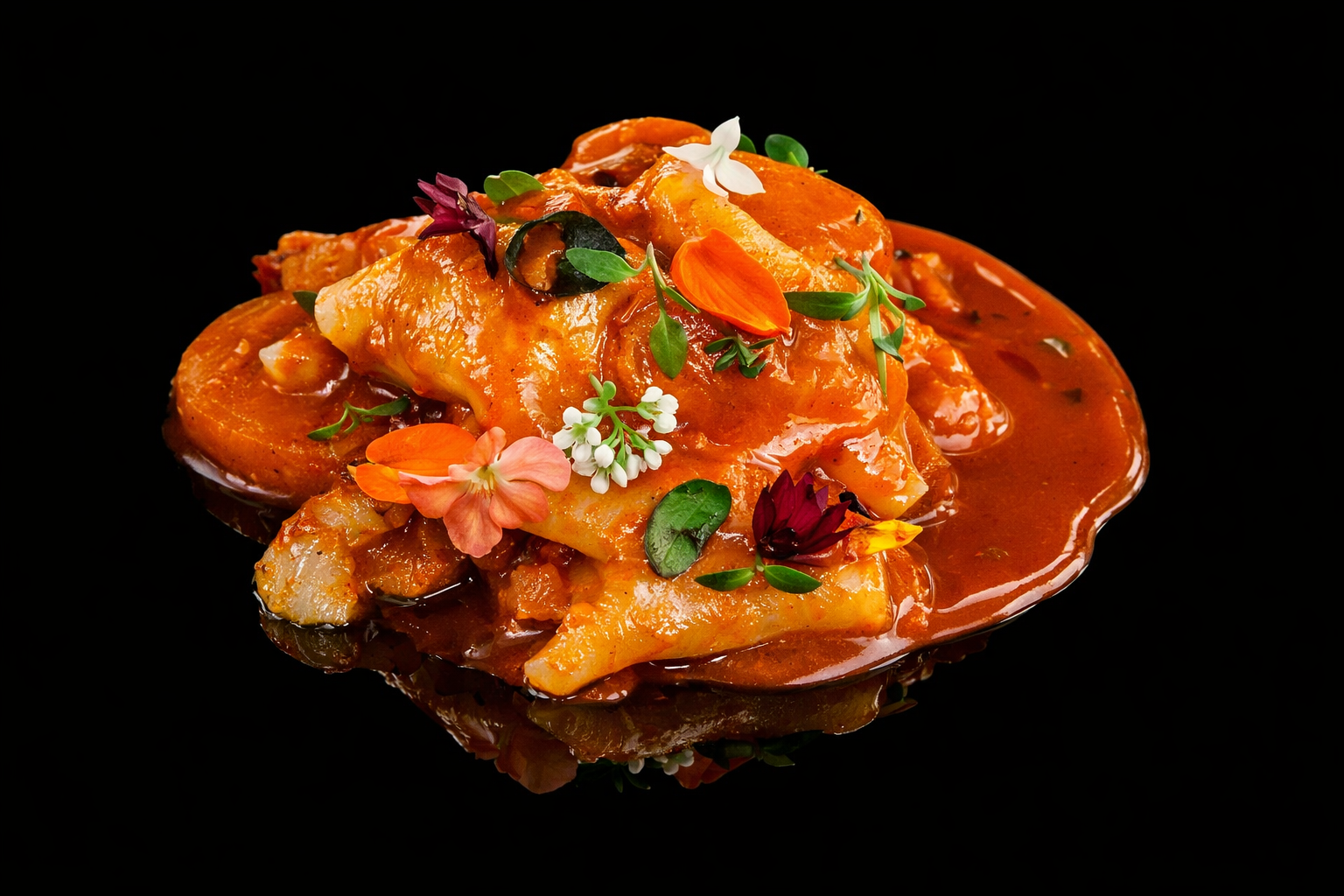 Plat de poisson en sauce, décoré de fleurs comestibles sur un fond noir