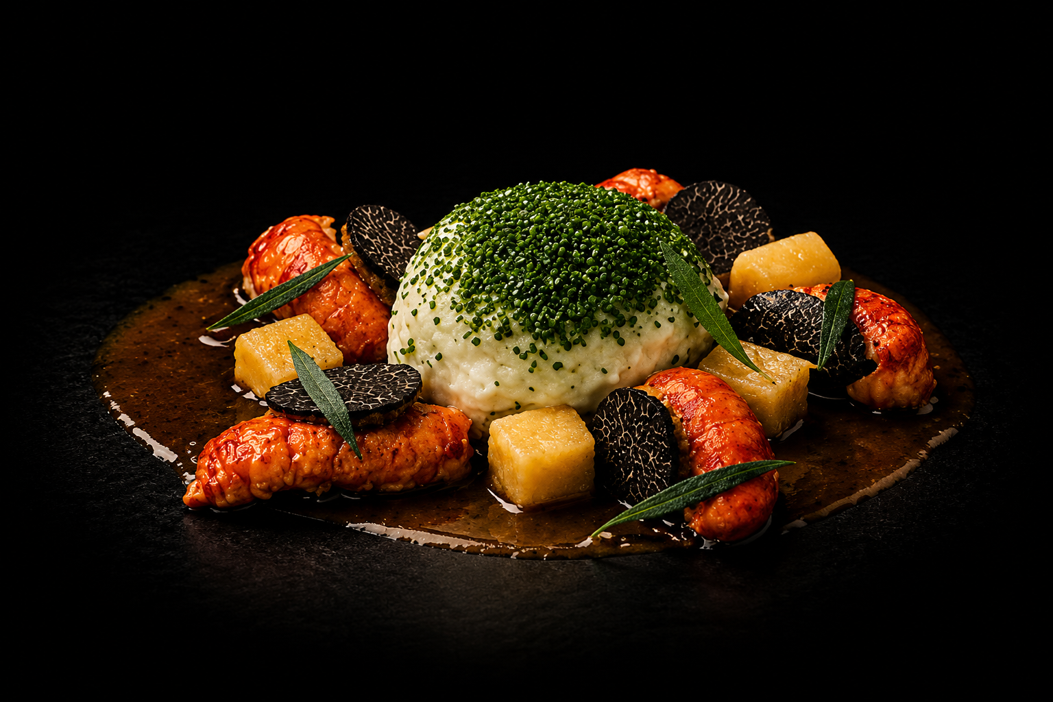 Assiette gastronomique avec un scoop de purée de pommes de terre, éclats de viande ou poisson, tranches de truffe noire, cubes de légumes, garnies de feuilles de sauge et parsemmée de fines herbes, sur fond noir