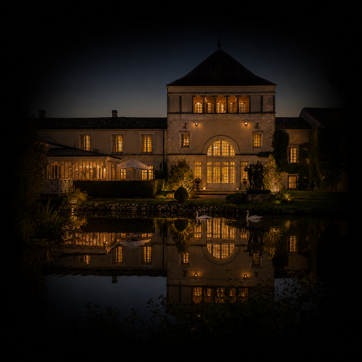 Un grand bâtiment éclairé la nuit, avec une façade en pierre, des fenêtres illuminées, et un reflet dans un étang en premier plan. Il y a des sculptures devant l'entrée et une terrasse avec parasols à gauche.