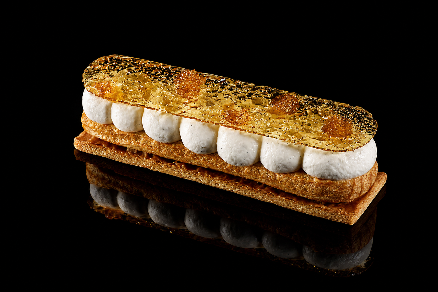 Un dessert composé d'une fine couche de caramel croustillant, de chantilly et d'une pâte feuilletée, posé sur un fond noir