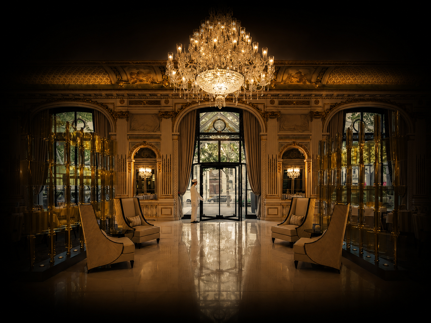 Salle de réception élégante avec un plafond orné, chandelier grand et illuminé, grand miroir au fond, fauteuils raffinés, décor classique et fenêtres avec des rideaux, vue sur la rue à travers la porte en verre.