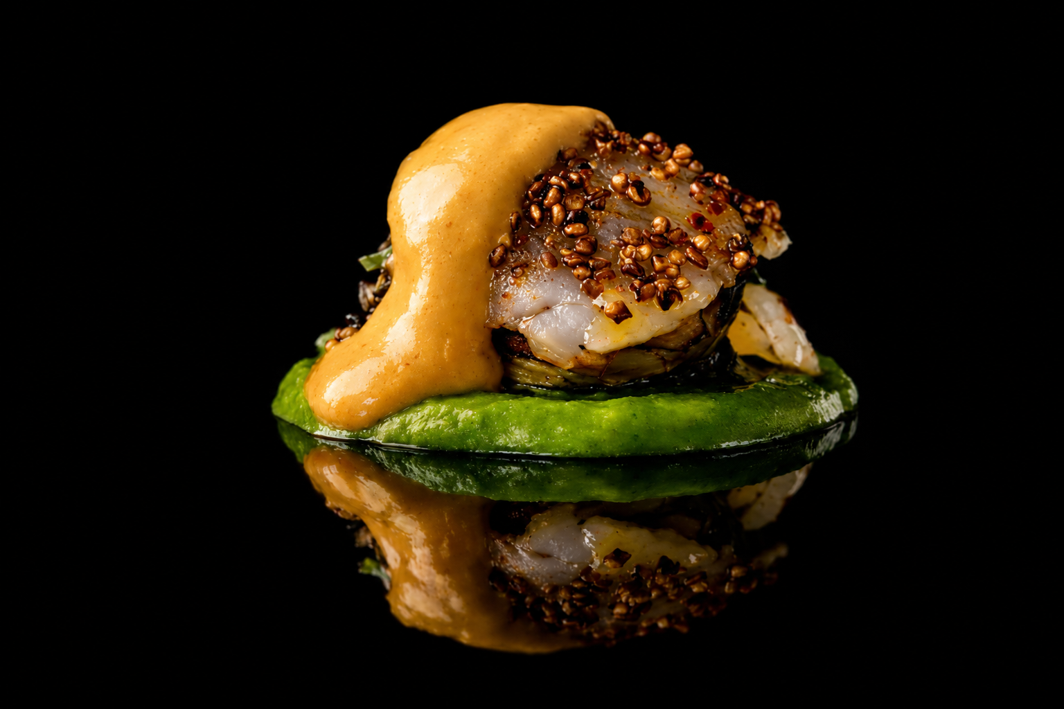 Tartare de poisson avec une sauce miel, servi avec une tranche de concombre sur fond noir