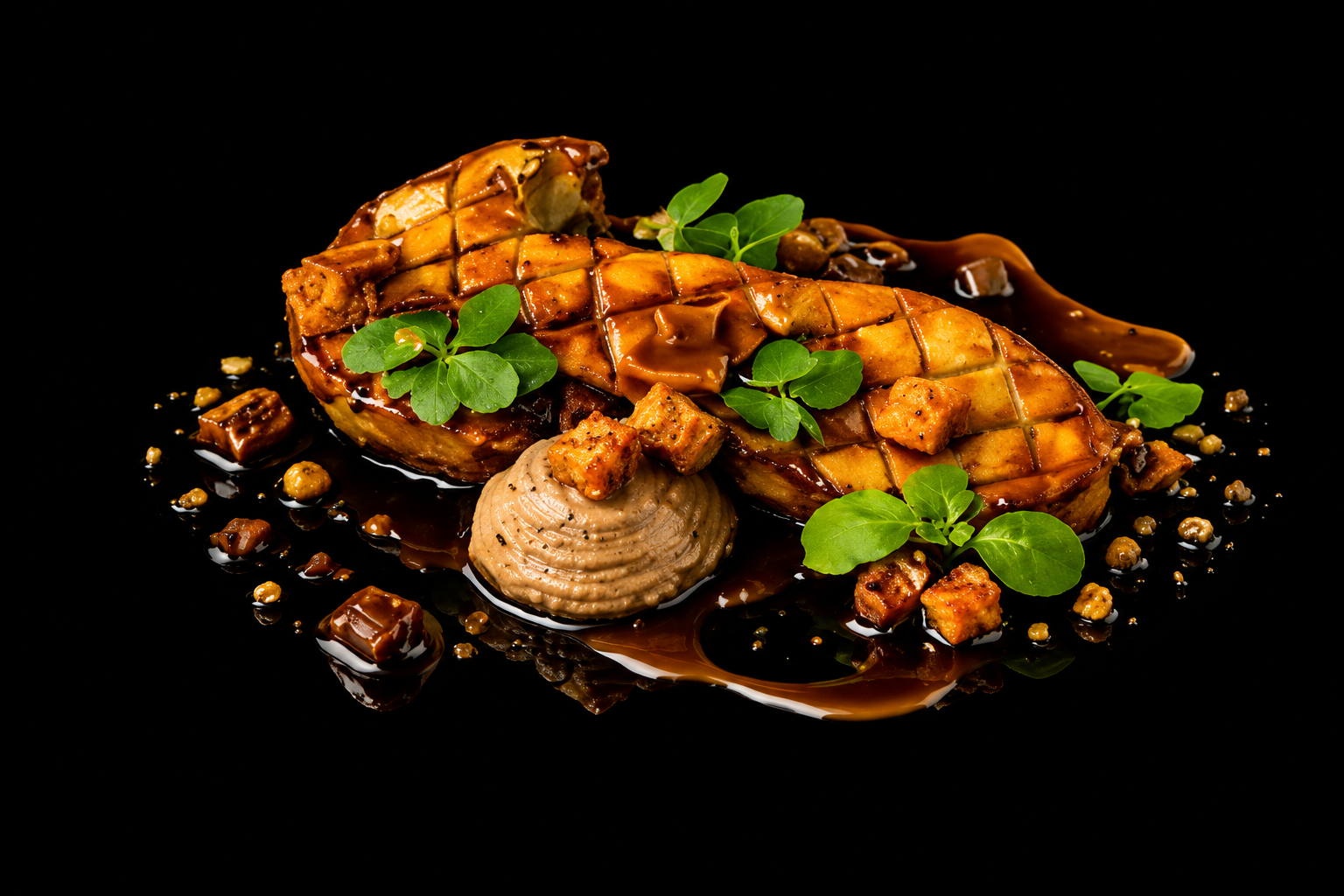 Un plat gastronomique avec une pièce de viande, sauce brune, accompagnée d'une purée, garnie de jeunes feuilles vertes, sur un fond noir.