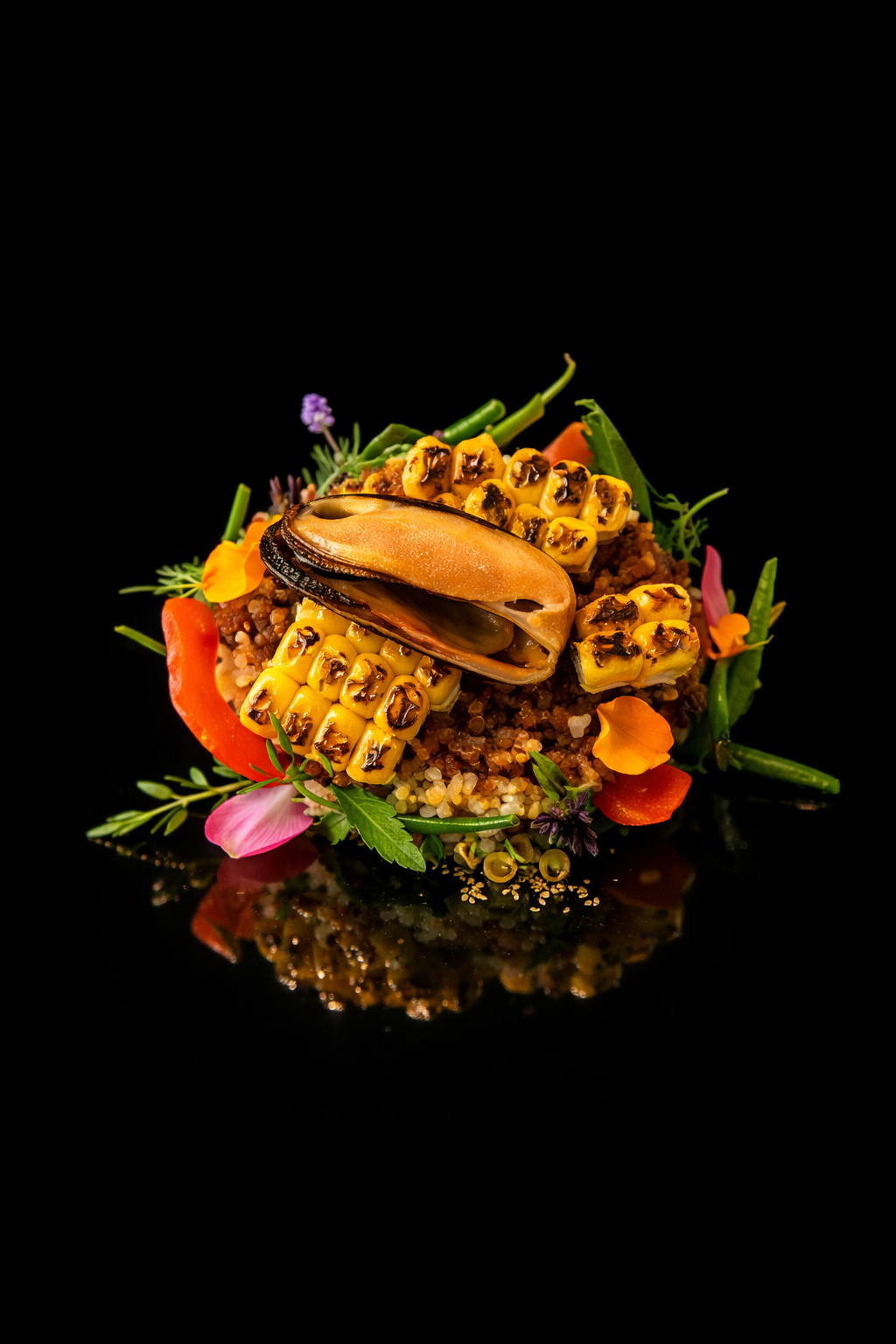 Plat gastronomique avec un coquillage, maïs, légumes verts et fleurs, présenté sur fond noir.
