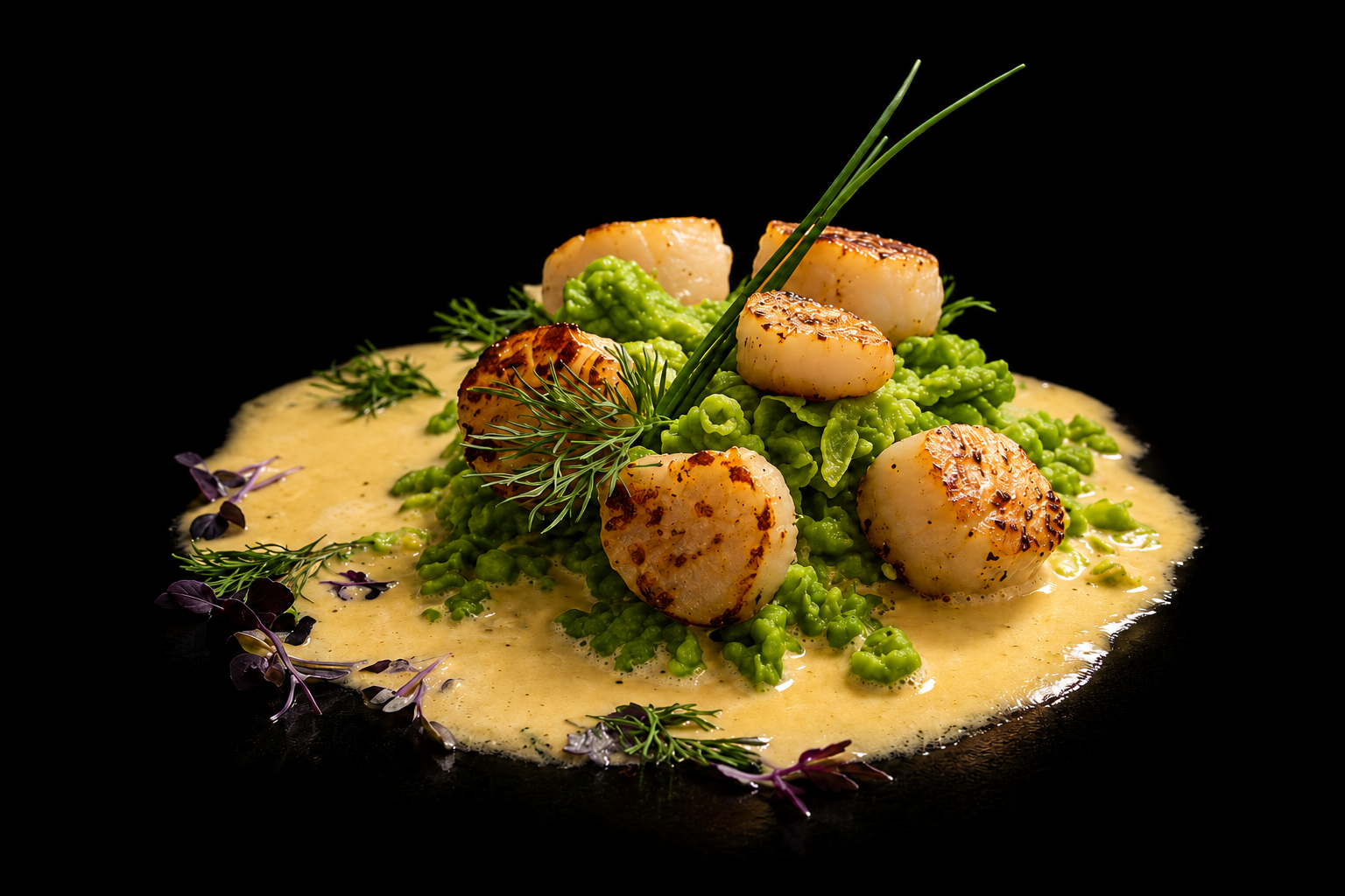Gambas grillées servies avec une purée de petits pois, sur une sauce crémeuse, garnies de fines herbes.