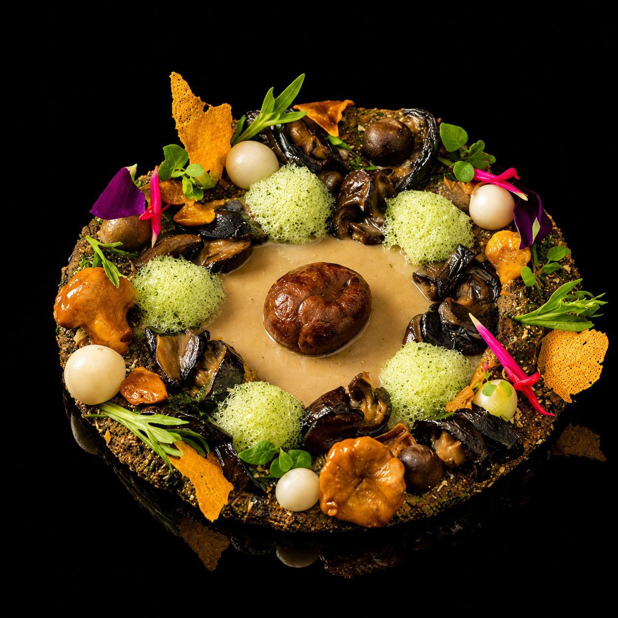 Gâteau de restaurant avec décor de champignons, mousse verte, œufs, légumes et fleurs