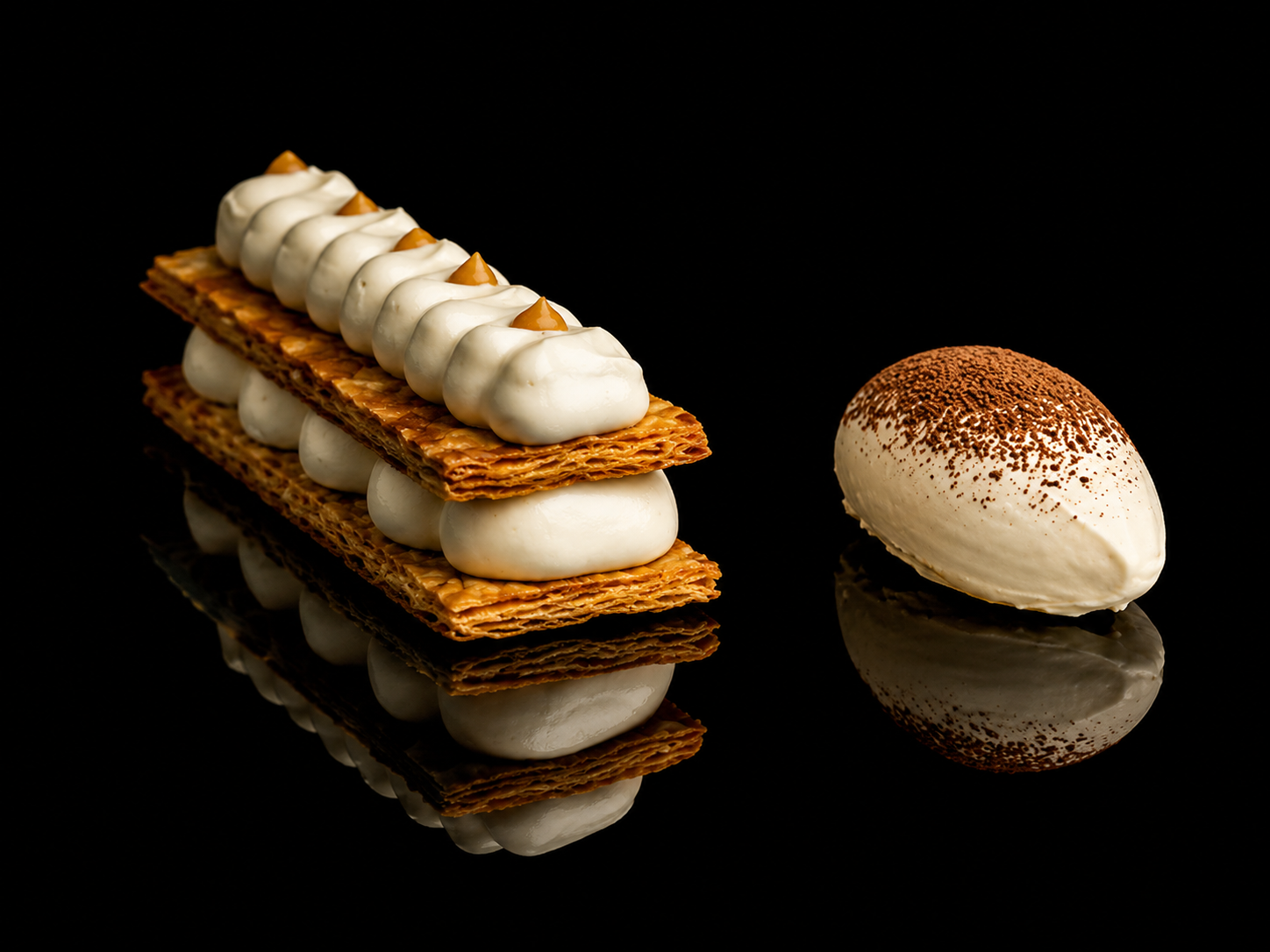 Dessert avec trois couches de craquelins, crème à la vanille et caramel, accompagnée d'une quenelle de crème à la vanille saupoudrée de cacao.