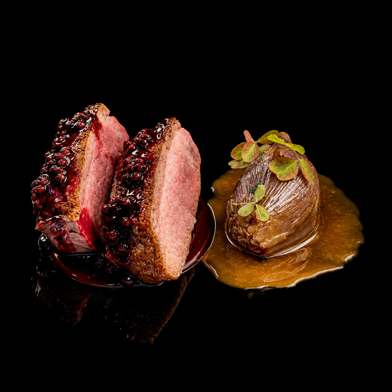 Deux pièces de viande en croûte avec une sauce aux baies, accompagnées d'un artichaut farci avec une sauce et garnies de feuilles vertes sur un fond noir.