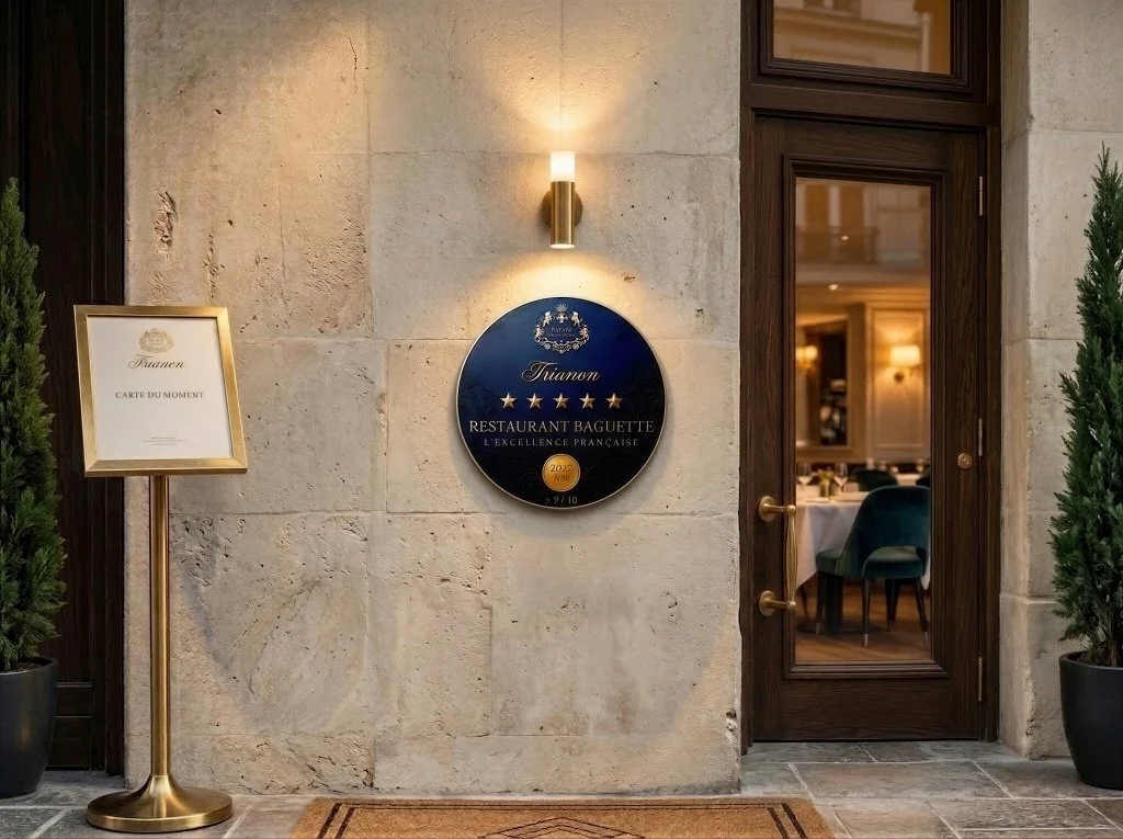 Entrée d'un restaurant français, avec un panneau de reconnaissance culinaire et une porte en bois. Il y a deux grands pots avec des arbustes et une lumière murale.
