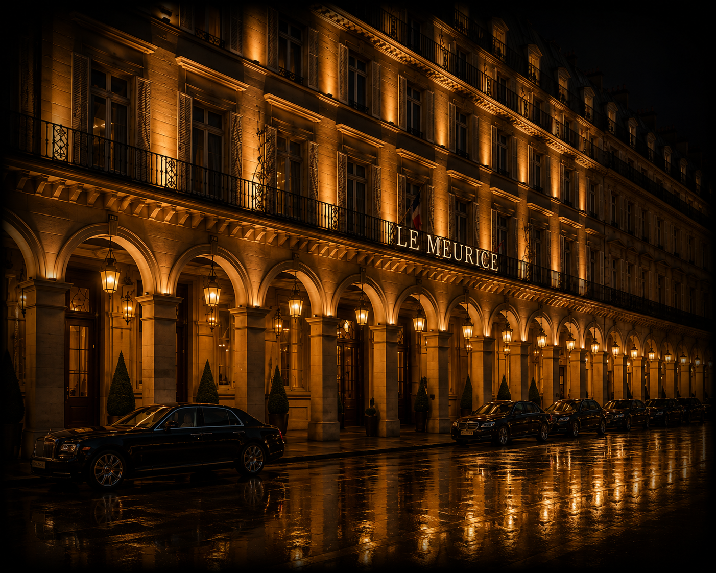 Un bâtiment élégant éclairé la nuit avec des lampes suspendues et des fenêtres illuminées, nommé "Le Meurice" avec des voitures noires garées devant, dans une rue pavée humide qui reflète la lumière.