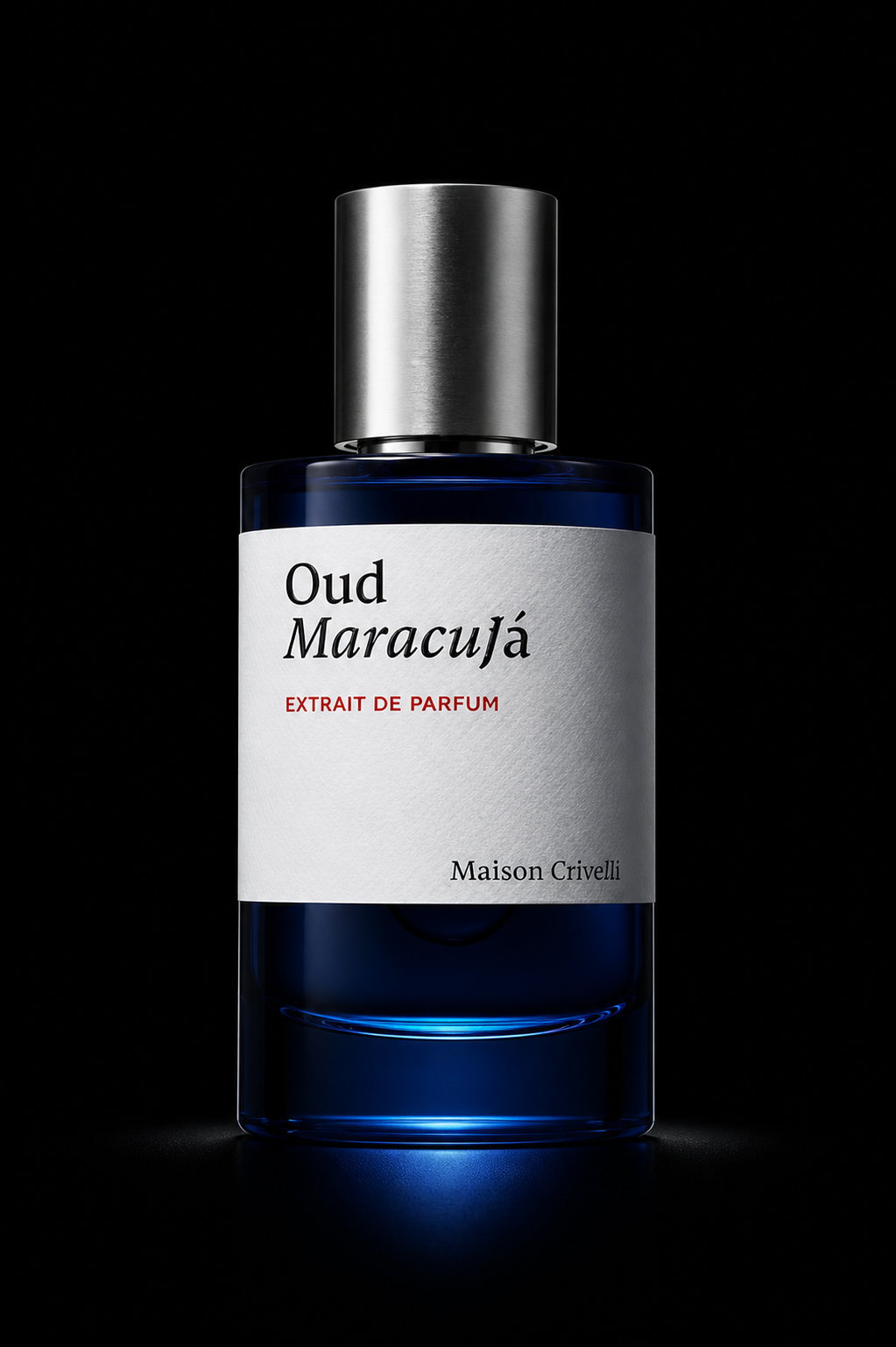 Bouteille de parfum Bleu avec étiquette blanche, intitulée 'Oud Maracuja' de Maison Crivelli, avec capuchon en métal argenté, sur fond noir.