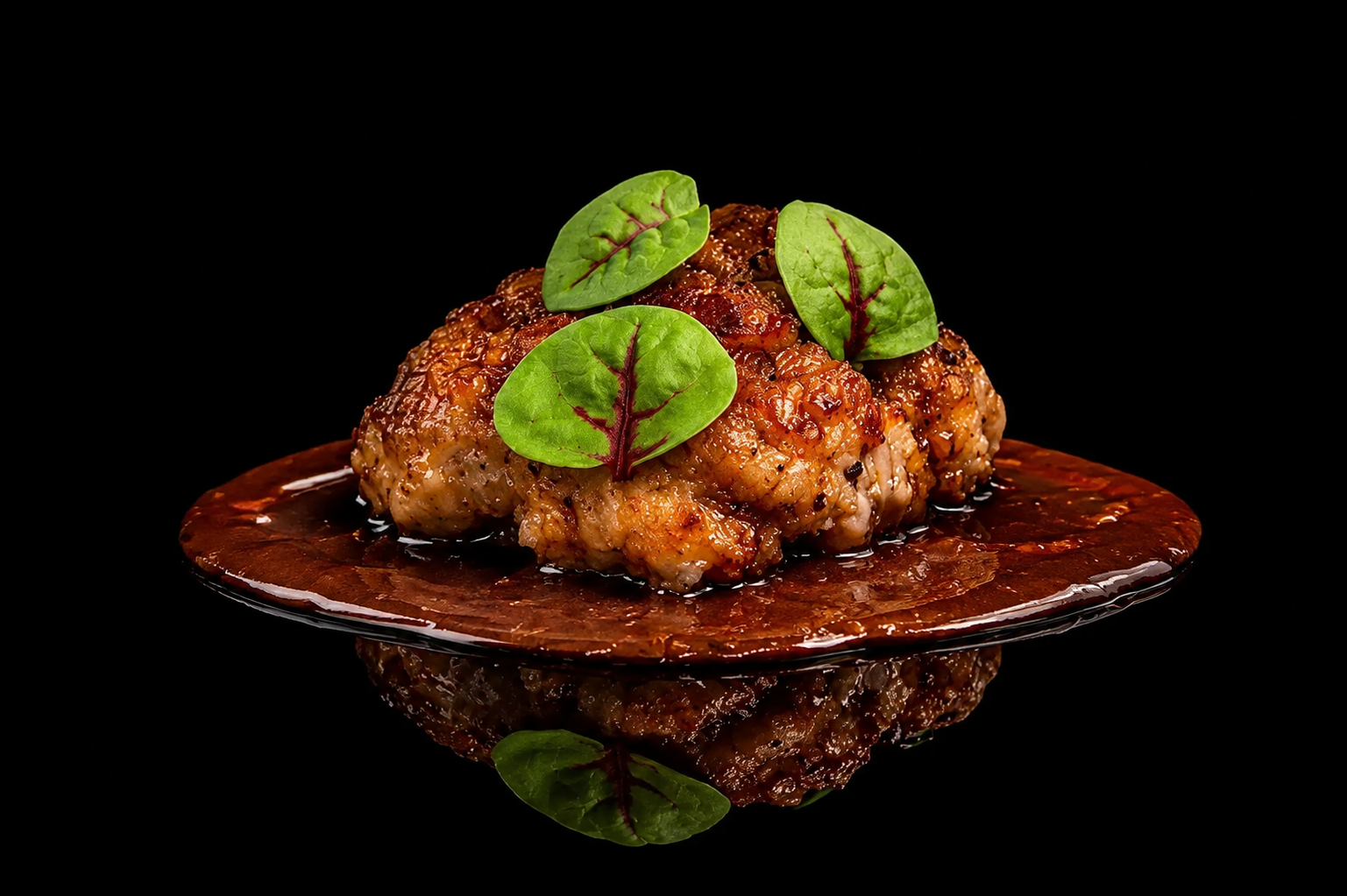 Une assiette avec une portion de viande cuite, garnie de feuilles vertes, sur un fond noir.