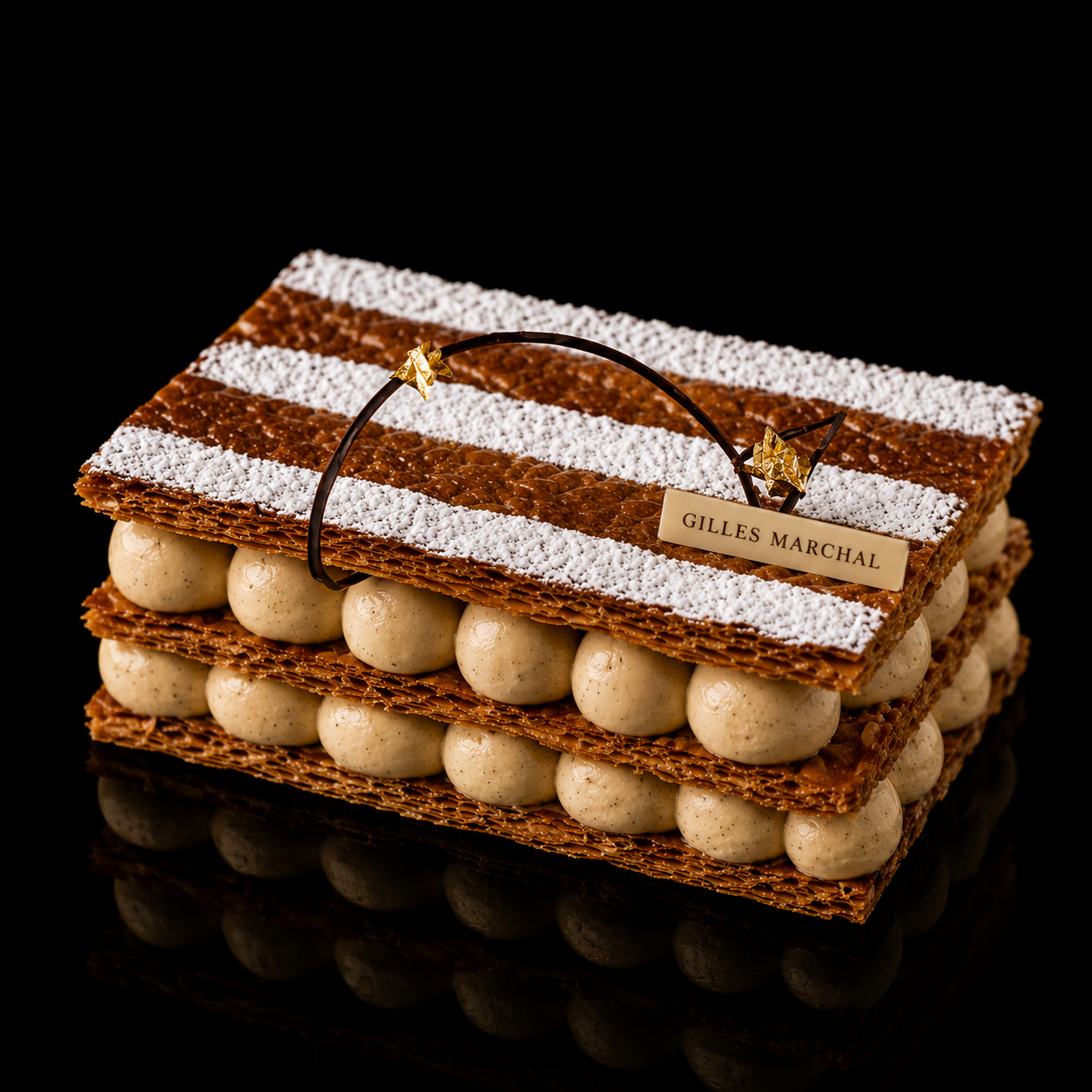 Gâteau rectangulaire avec des couches de pâte feuilletée, de crème en forme de petites boules, décoré avec de la poudre de cacao et un segment de métal avec une plaque portant le nom Gilles Marchal.