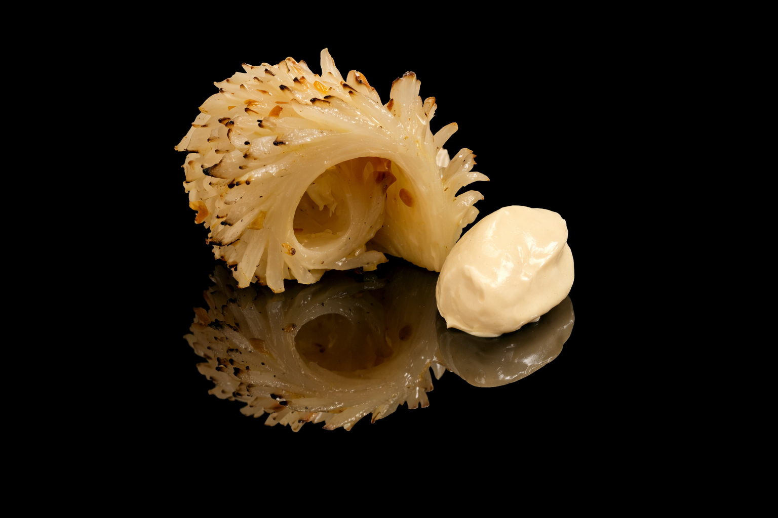 Une pièce de truffe blanche, râpée, avec une boule de beurre ou de fromage à côté, sur un fond noir
