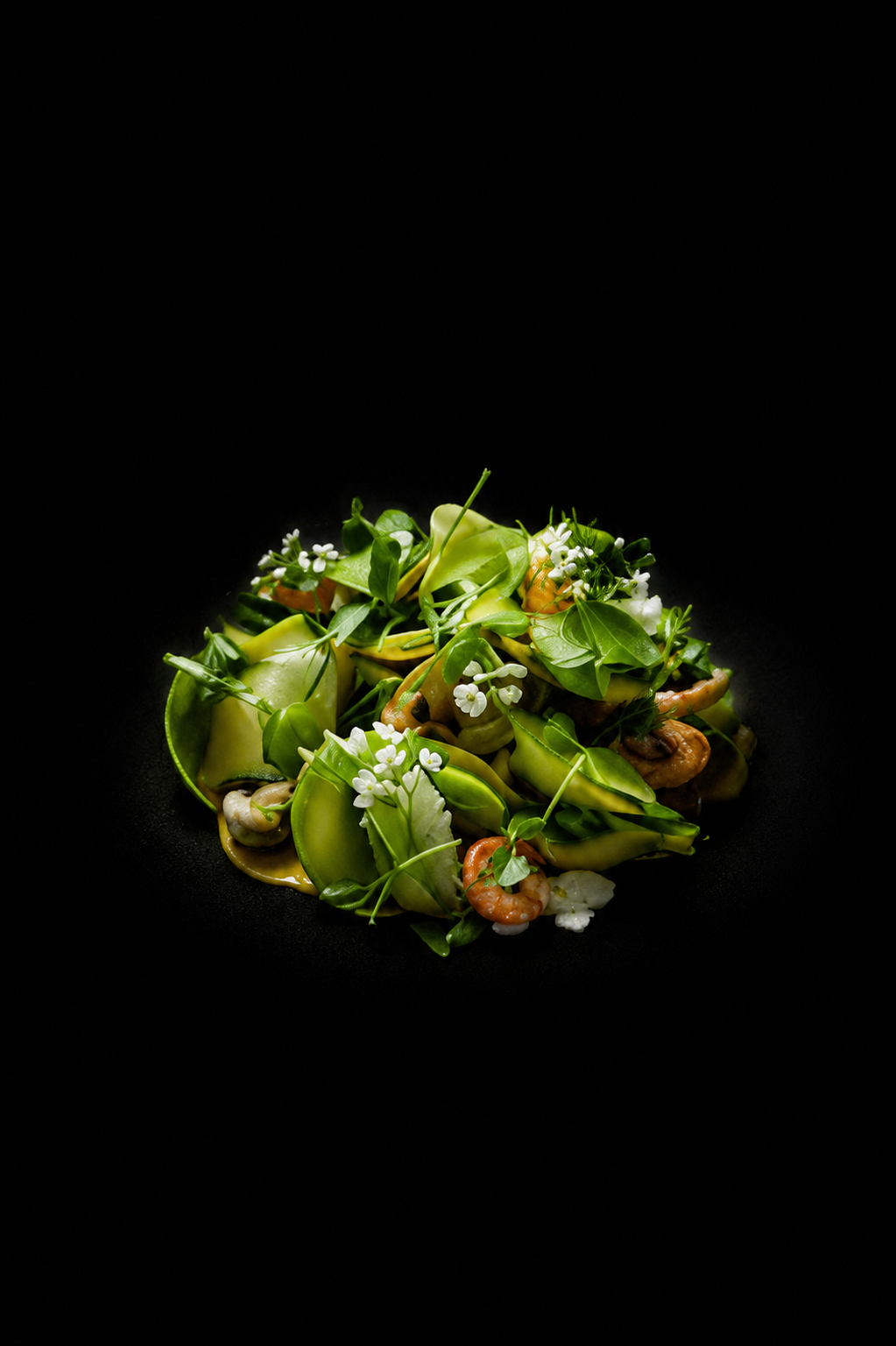 Assiette de salade composée avec des légumes verts, petits radis, fleurs blanches et petits fruits, présentation élégante sur fond noir