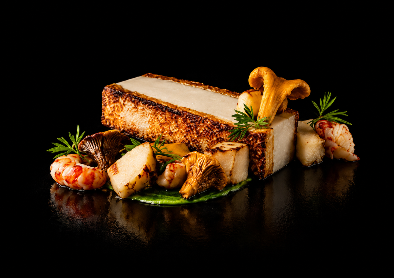 Plat gastronomique avec un gros morceau de poisson, champignons, crevettes, et garnitures vertes, sur fond noir.