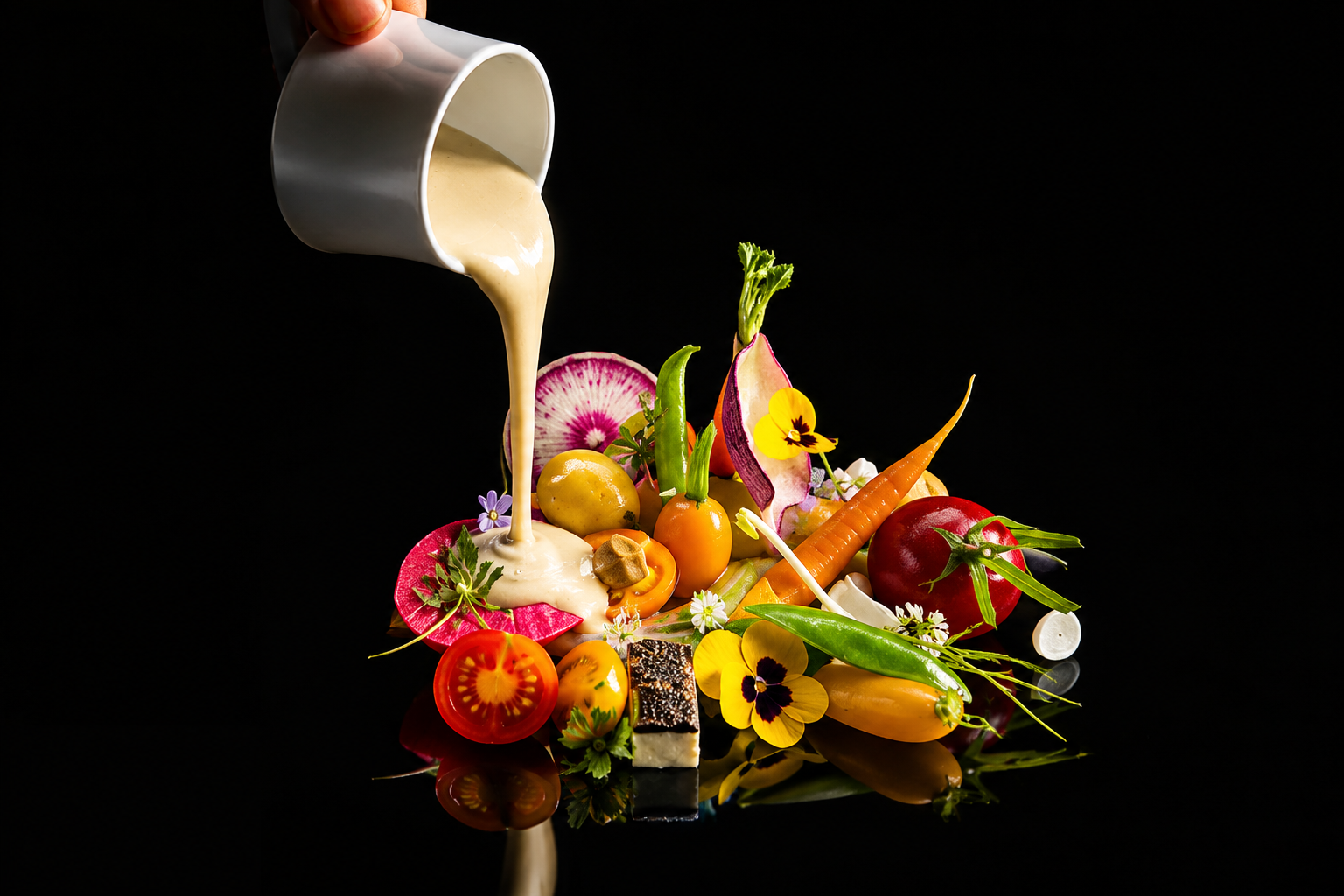 Une composition culinaire artistique avec des légumes colorés, des fleurs et une sauce being versée dessus.