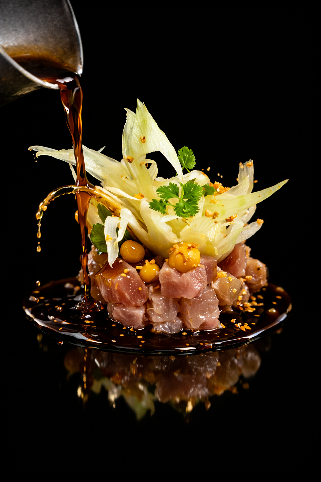 Un plat de tartare de poisson avec du chou, de la coriandre, des pois chiches, et de la sauce soja versée dessus, visible sur un fond noir