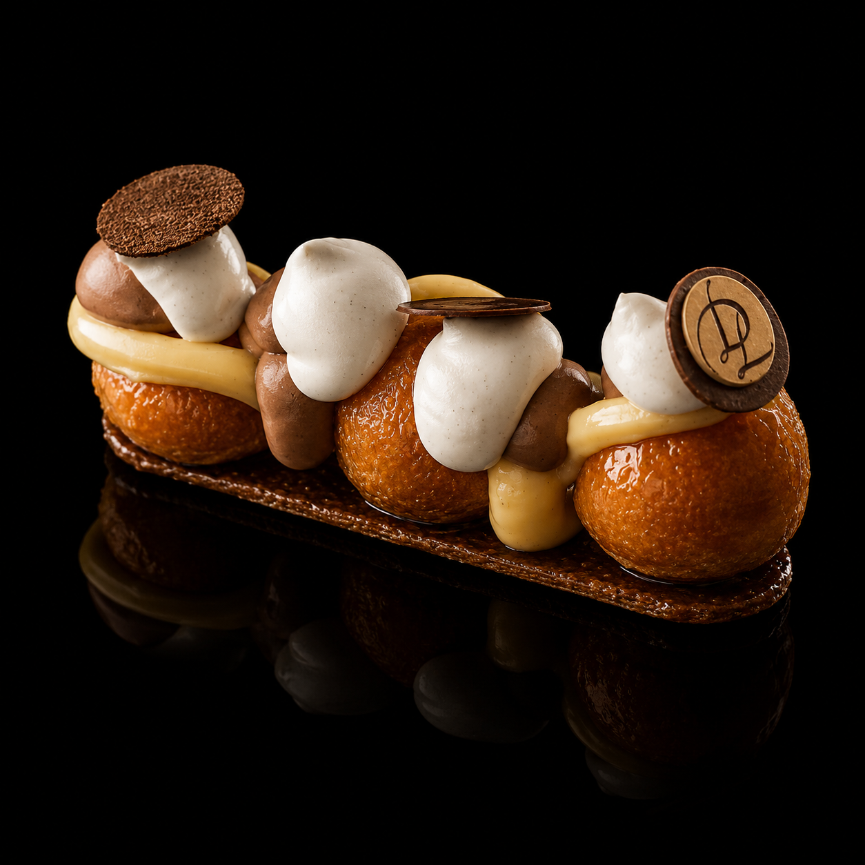 Gâteau de chou avec crème, chocolat et décoration en chocolat, sur un fond noir