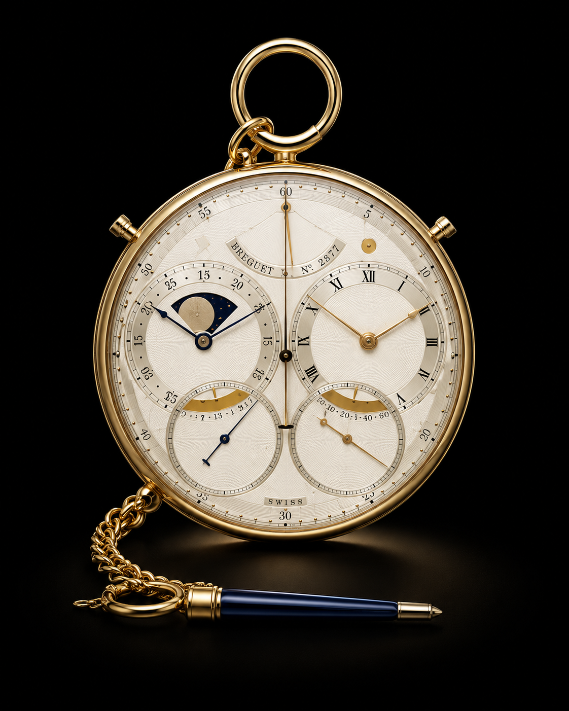 Montre de poche en or avec plusieurs cadrans, une chaîne et un stylet, sur fond noir.