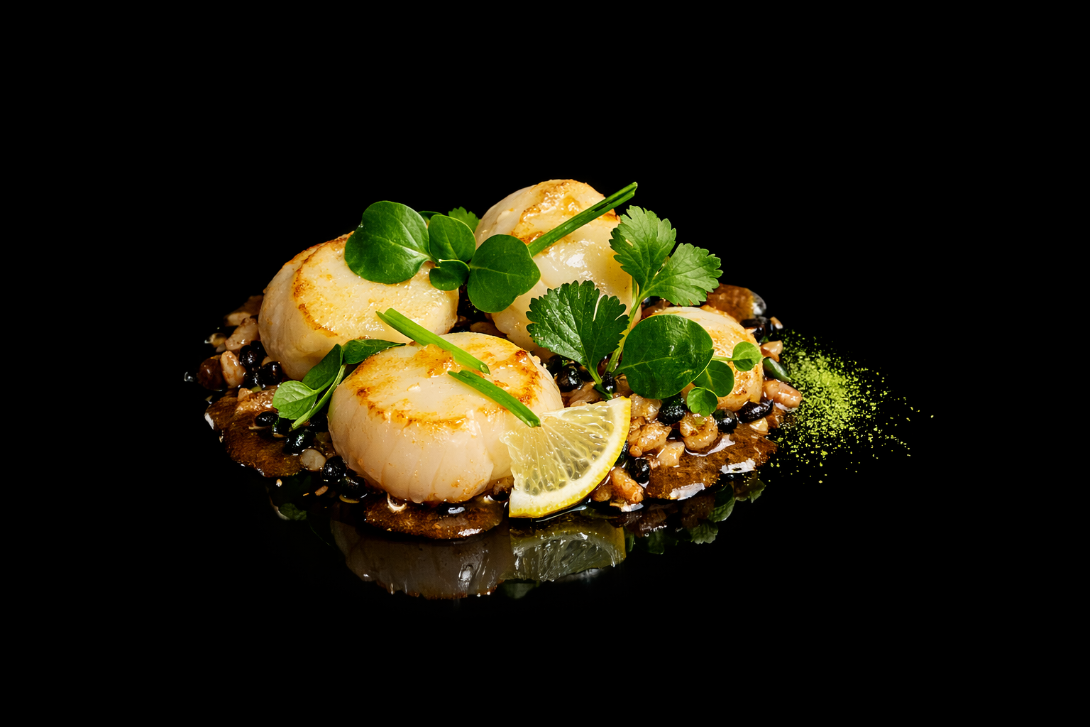 Saint-Jacques poêlées garnies de légumes verts, accompagnées d'une tranche de citron, sur une base de lentilles et de graines, présentation élégante contre un fond noir.