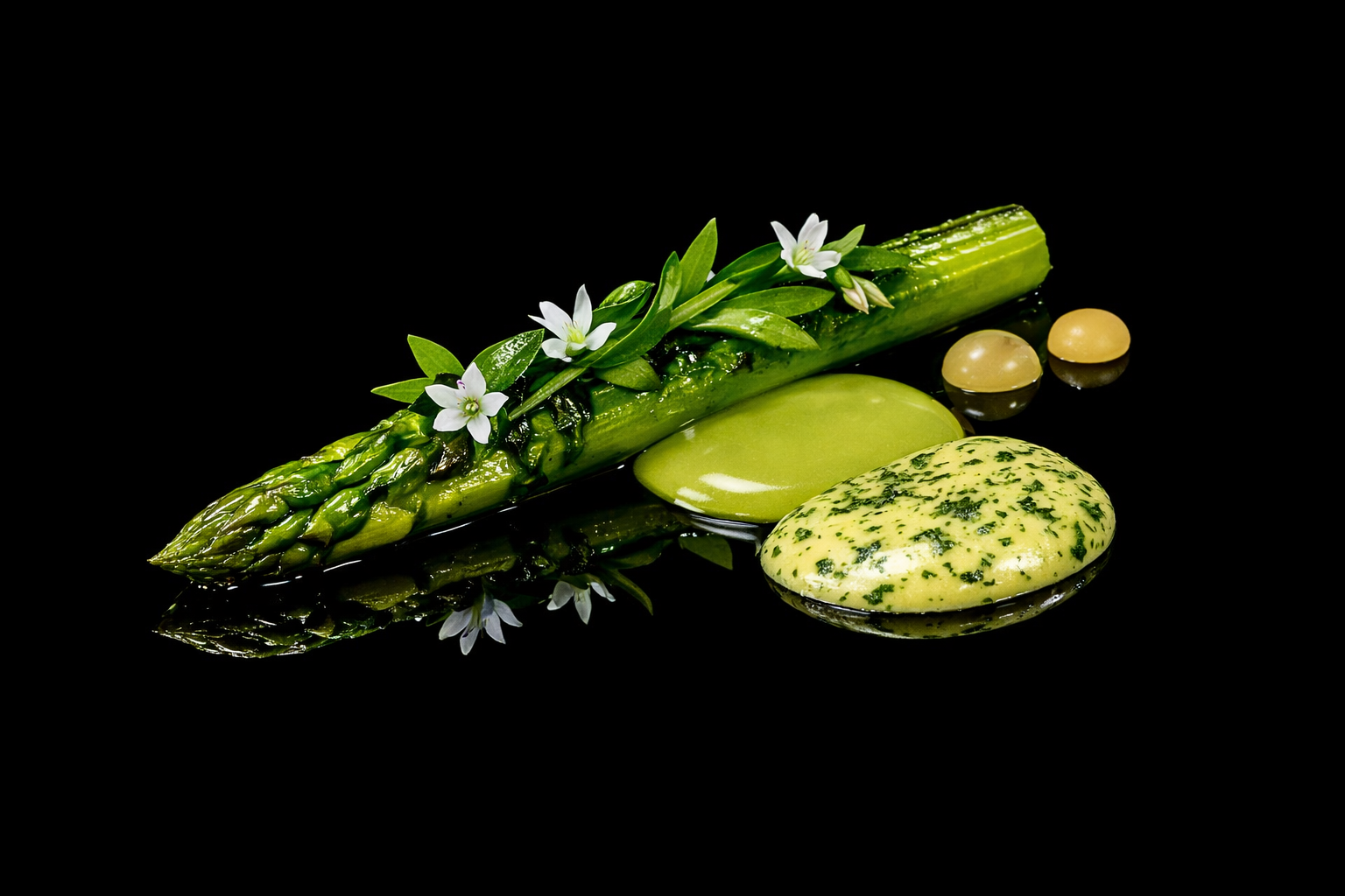 Asperge verte décorée de fleurs blanches, accompagnée de deux boules jaunes, d'une pâte verte et de deux pépites de beurre.